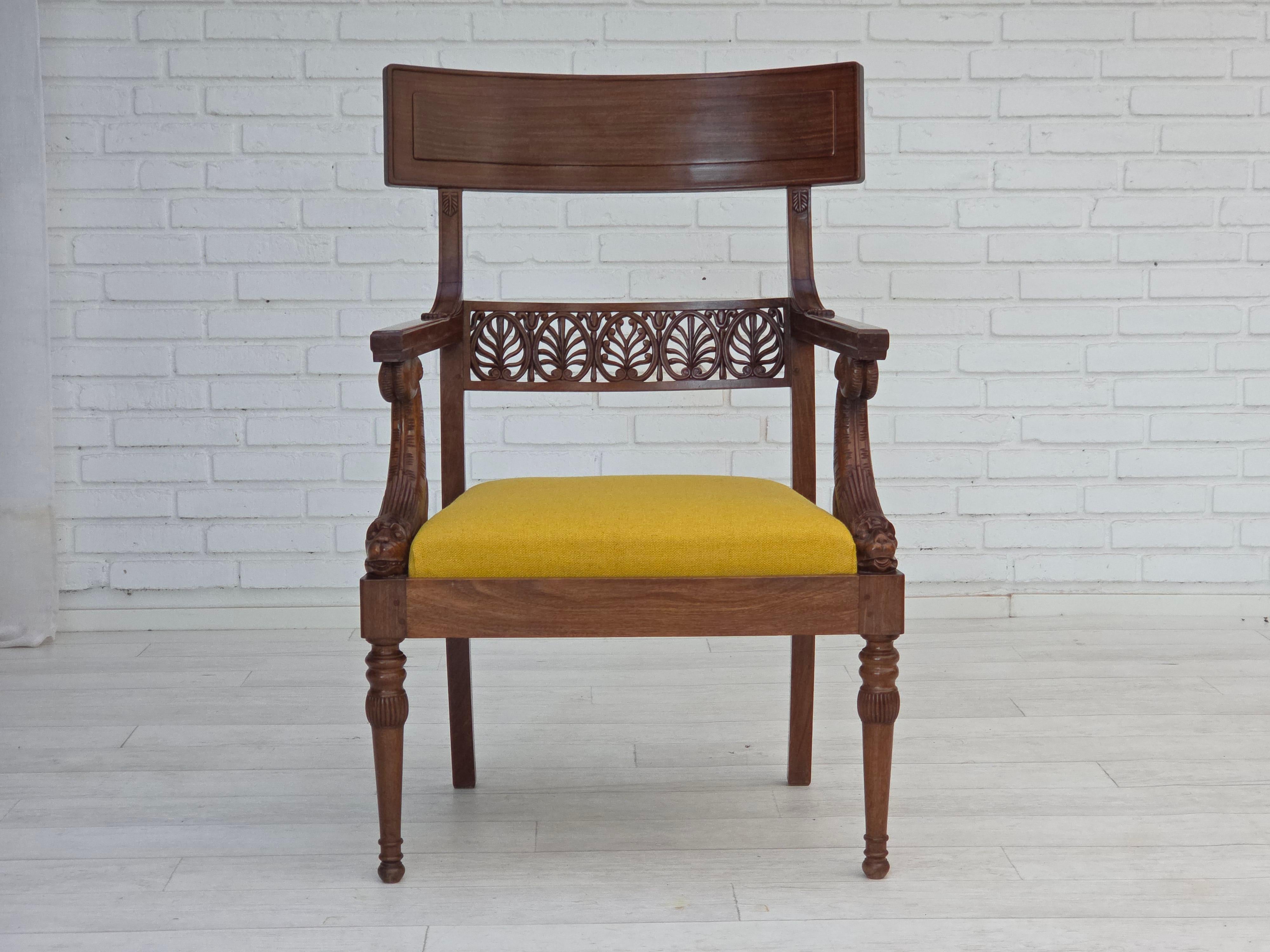 Early 20th Century 1920-30s, carved wood armchair, design after Georges Jacob, reupholstered. For Sale