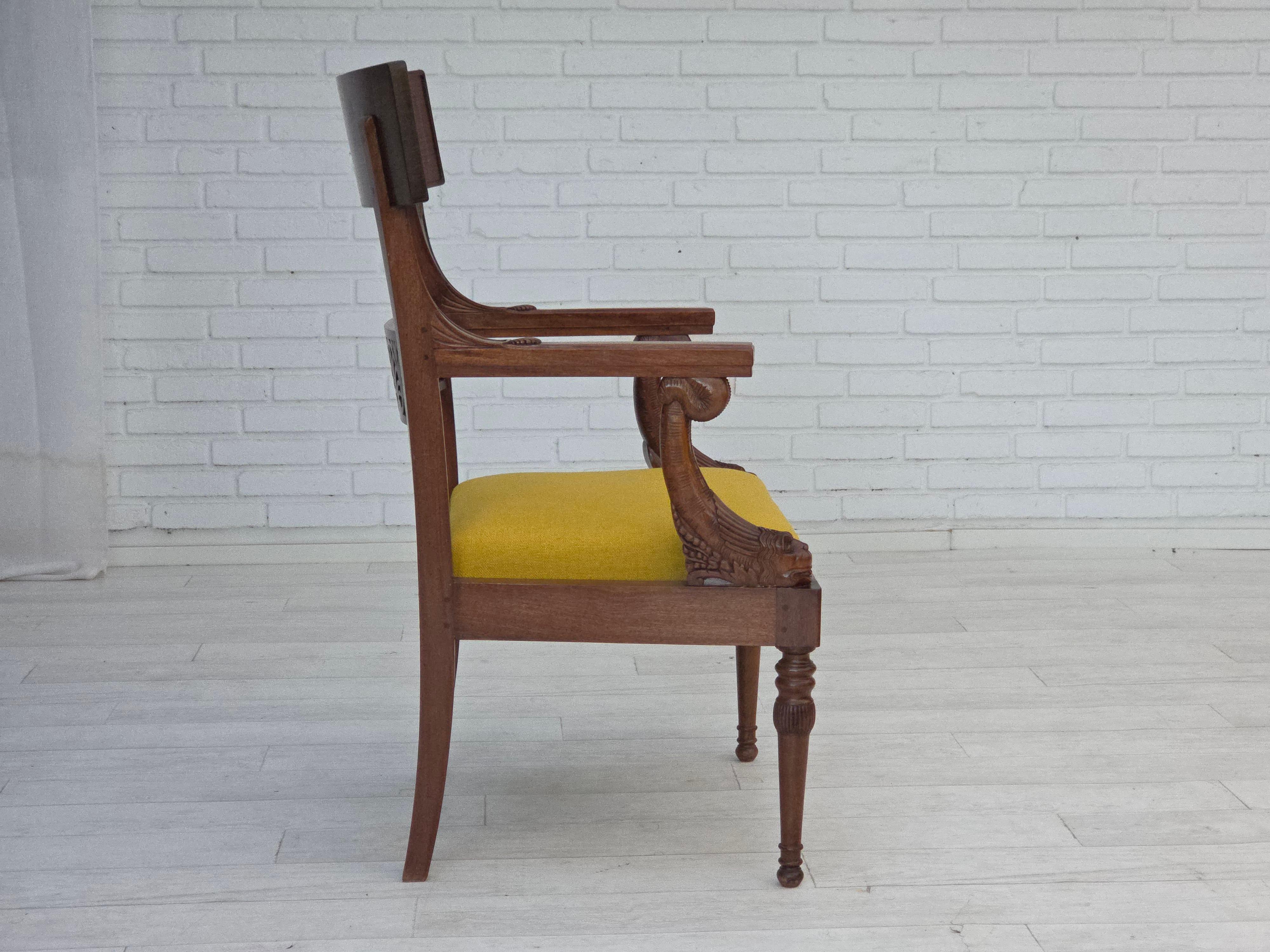 Wool 1920-30s, carved wood armchair, design after Georges Jacob, reupholstered. For Sale