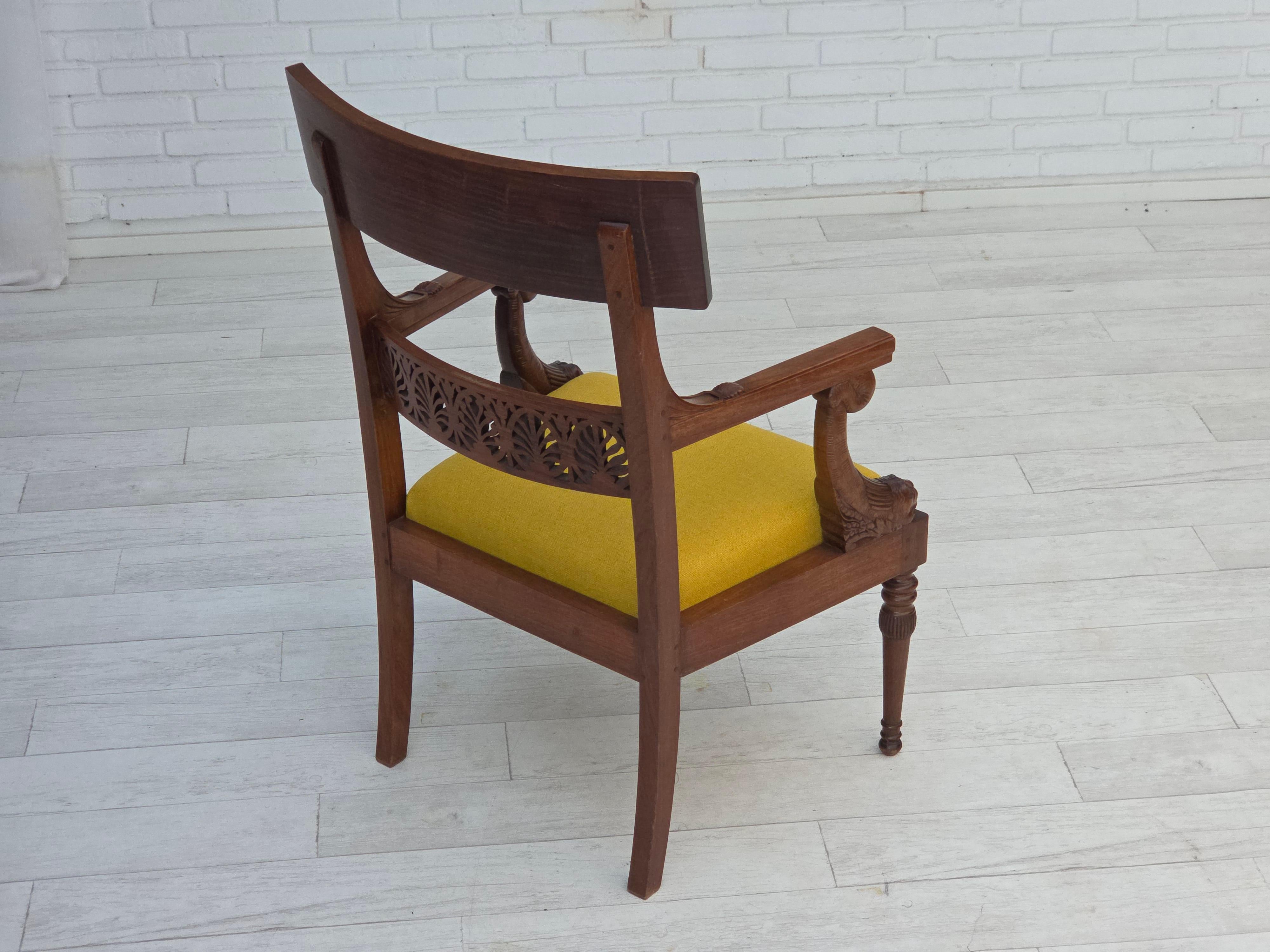 1920-30s, carved wood armchair, design after Georges Jacob, reupholstered. For Sale 1