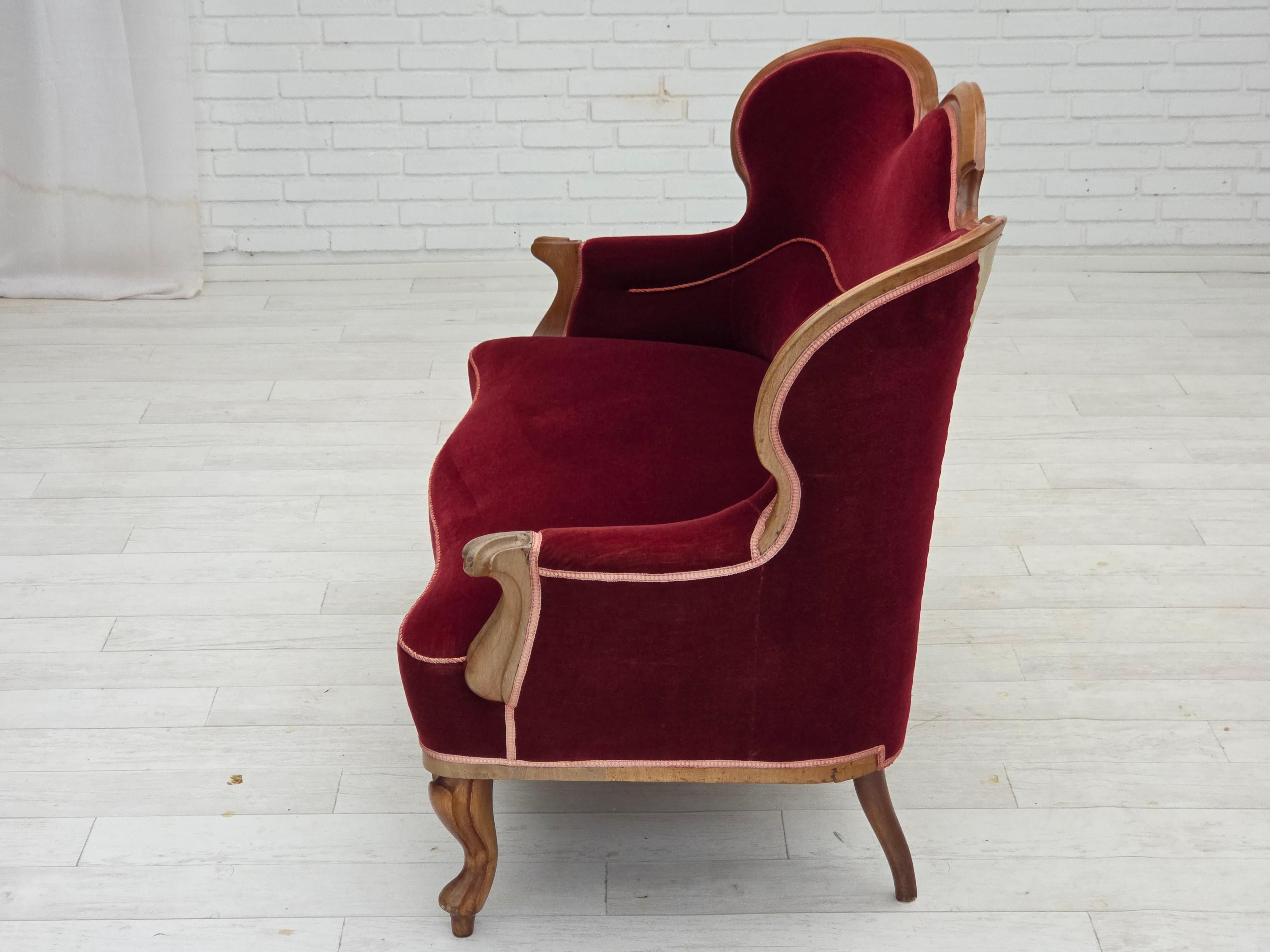 1920-30s, Danish 2-seater sofa, furniture velour, ash wood, reupholstered. For Sale 4