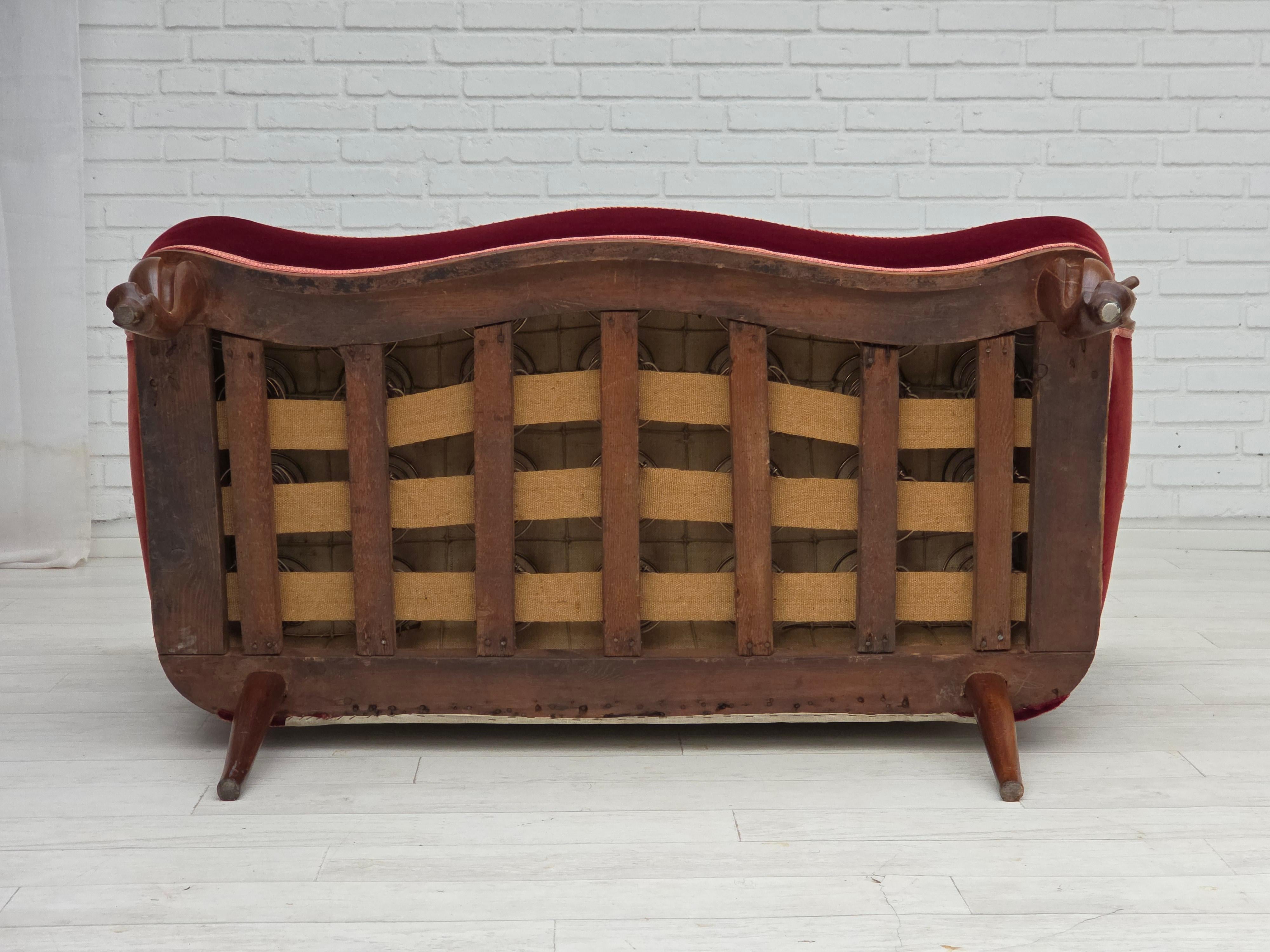 1920-30s, Danish 2-seater sofa, furniture velour, ash wood, reupholstered. For Sale 6