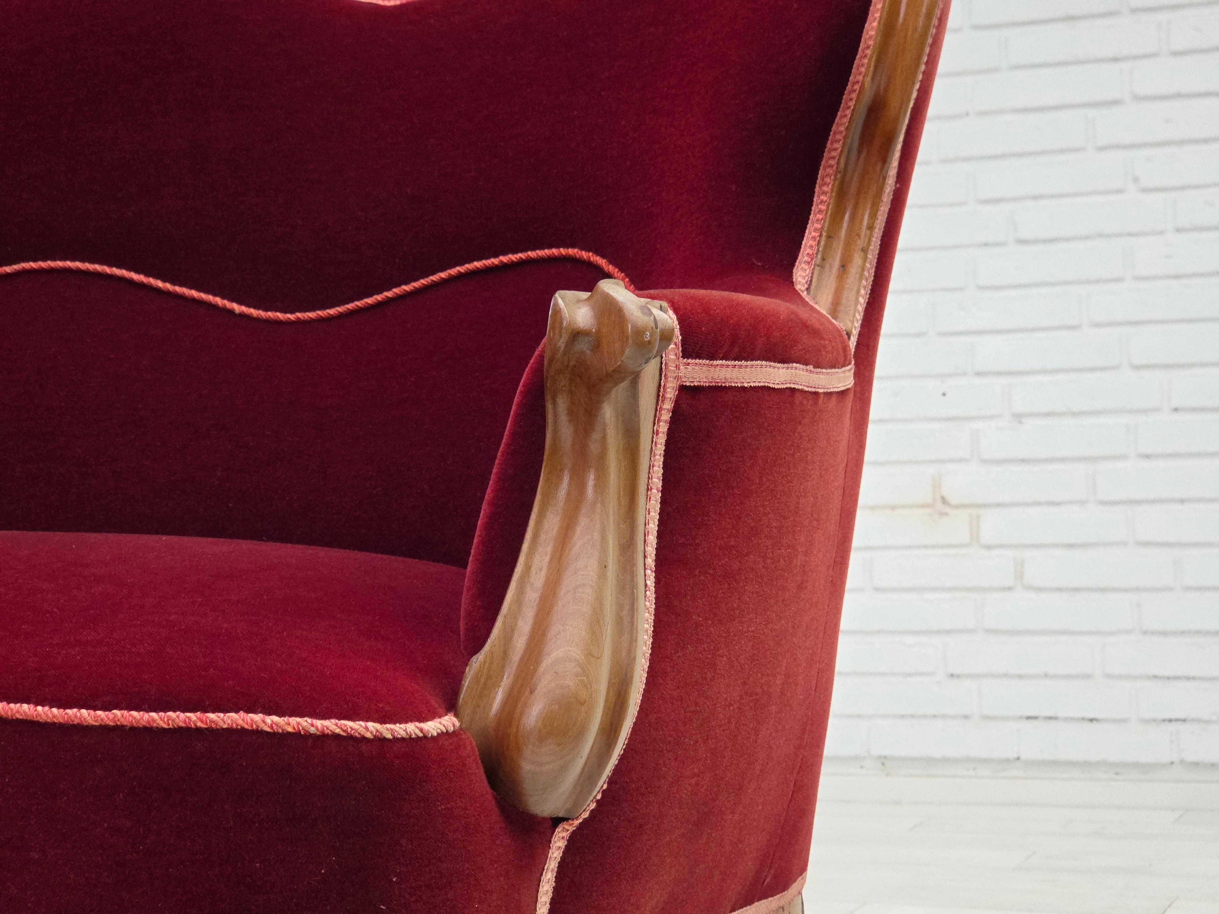 1920-30s, Danish 2-seater sofa, furniture velour, ash wood, reupholstered. For Sale 8