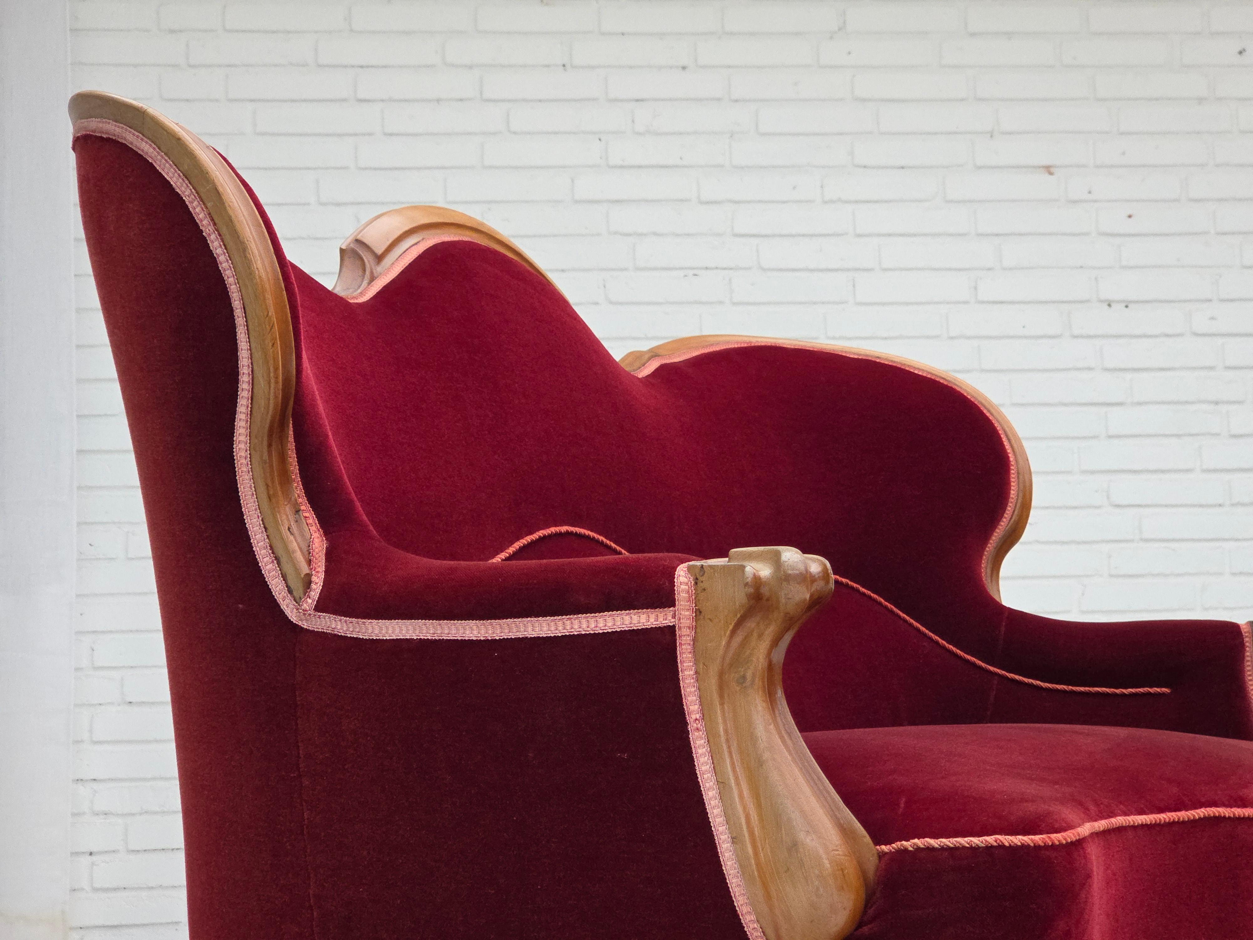 1920-30s, Danish 2-seater sofa, furniture velour, ash wood, reupholstered. For Sale 10