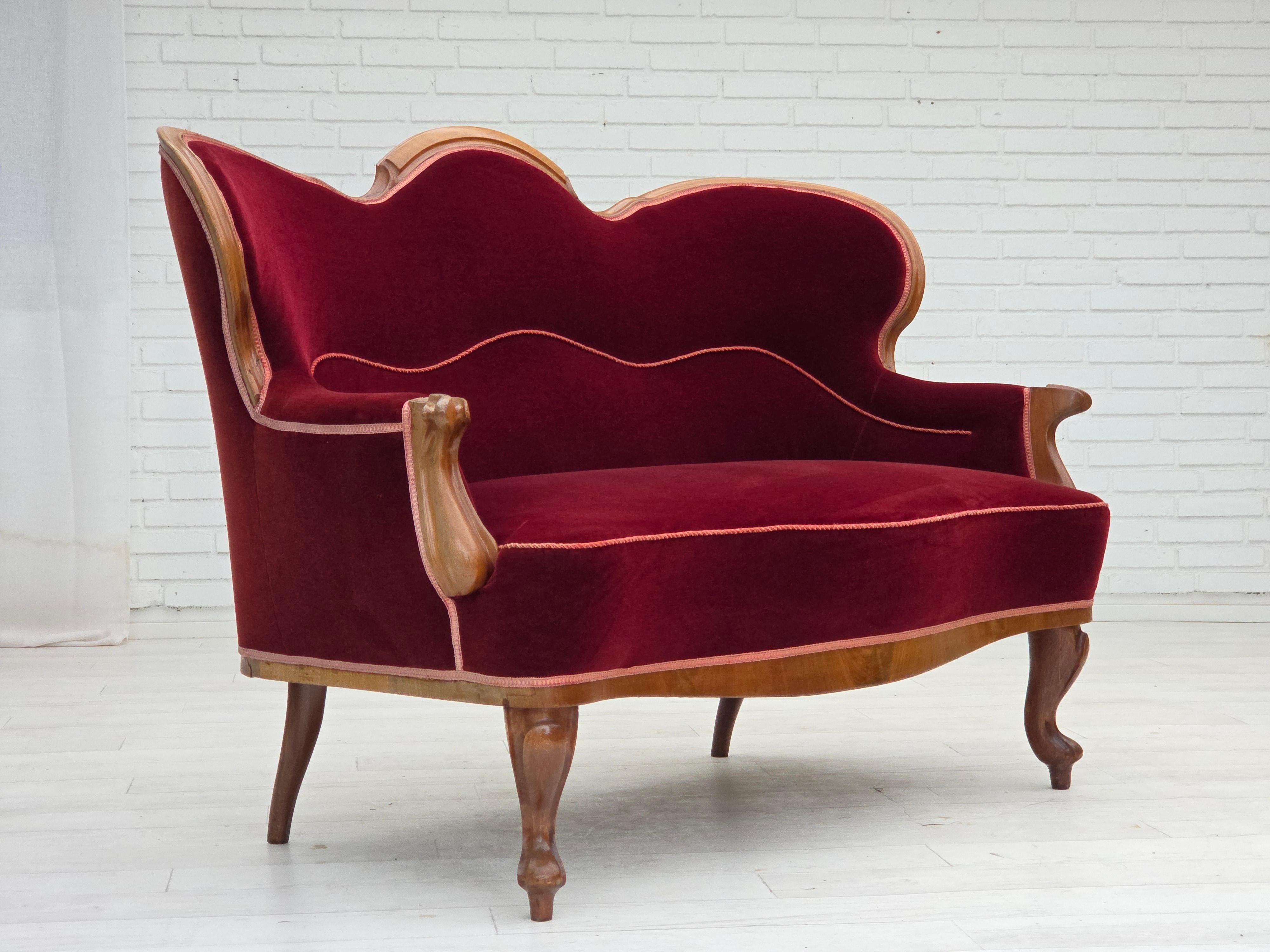 Biedermeier 1920-30s, Danish 2-seater sofa, furniture velour, ash wood, reupholstered. For Sale