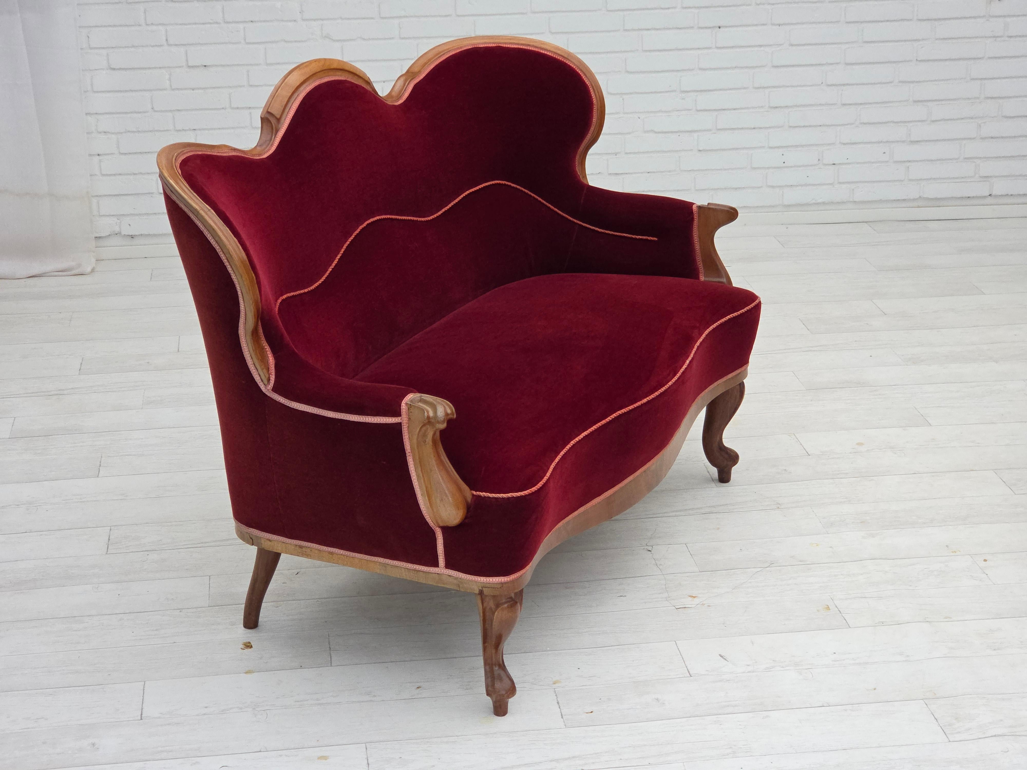 1920-30s, Danish 2-seater sofa, furniture velour, ash wood, reupholstered. In Good Condition For Sale In Tarm, 82