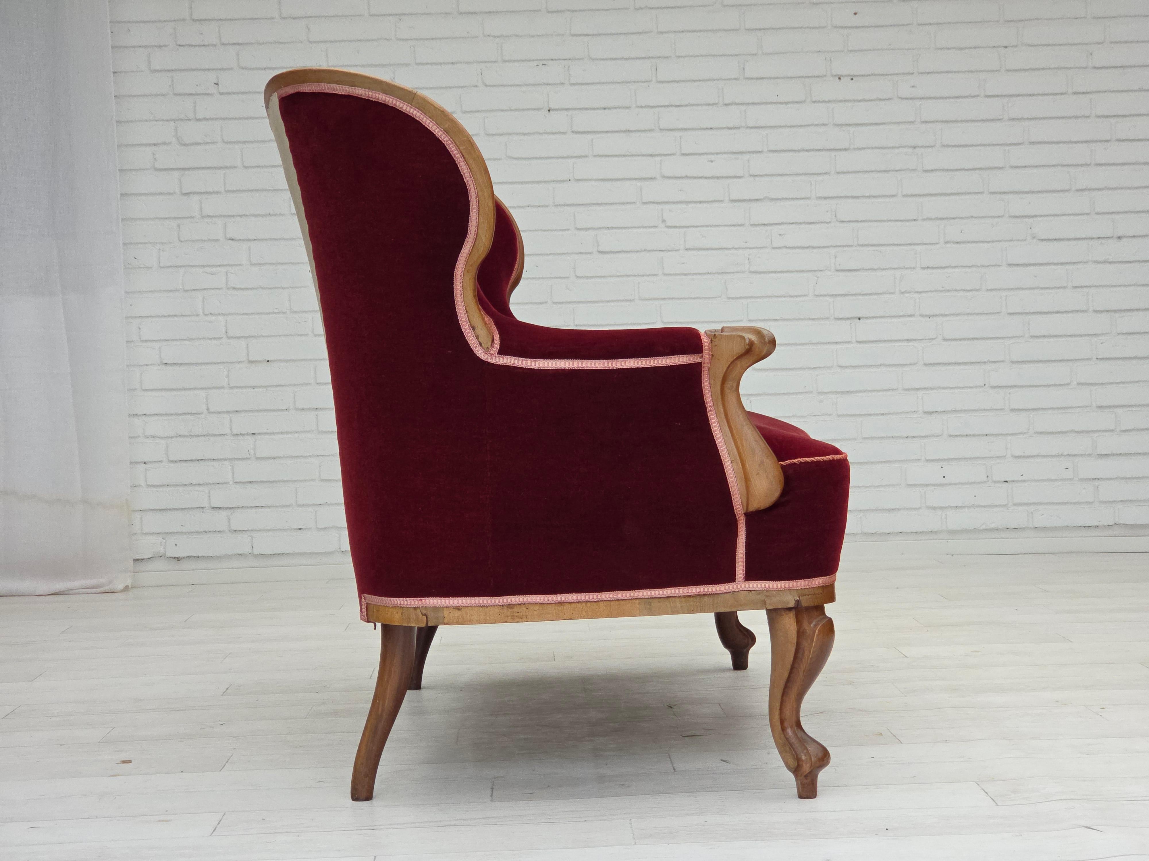 Early 20th Century 1920-30s, Danish 2-seater sofa, furniture velour, ash wood, reupholstered. For Sale