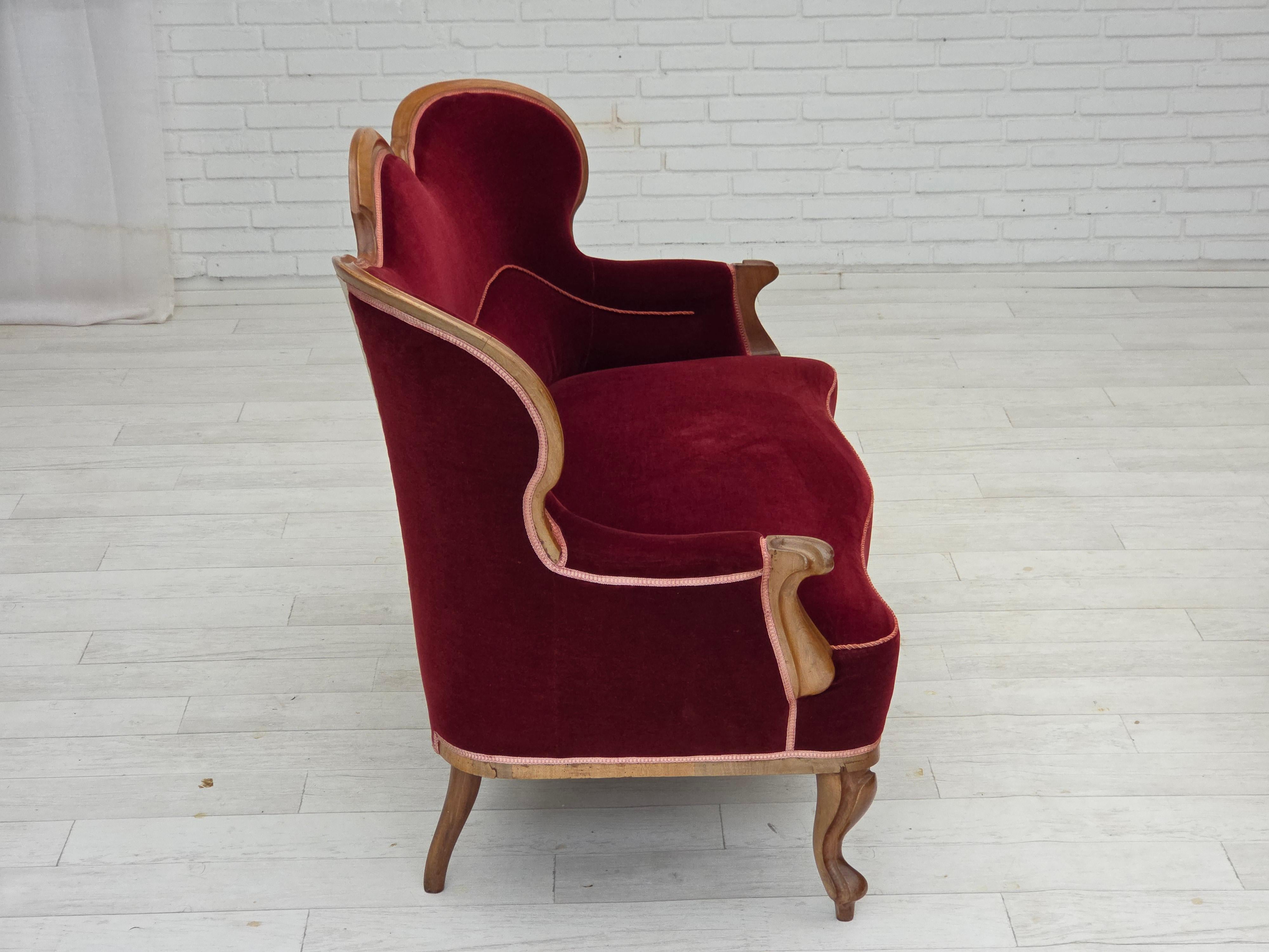 Velvet 1920-30s, Danish 2-seater sofa, furniture velour, ash wood, reupholstered. For Sale