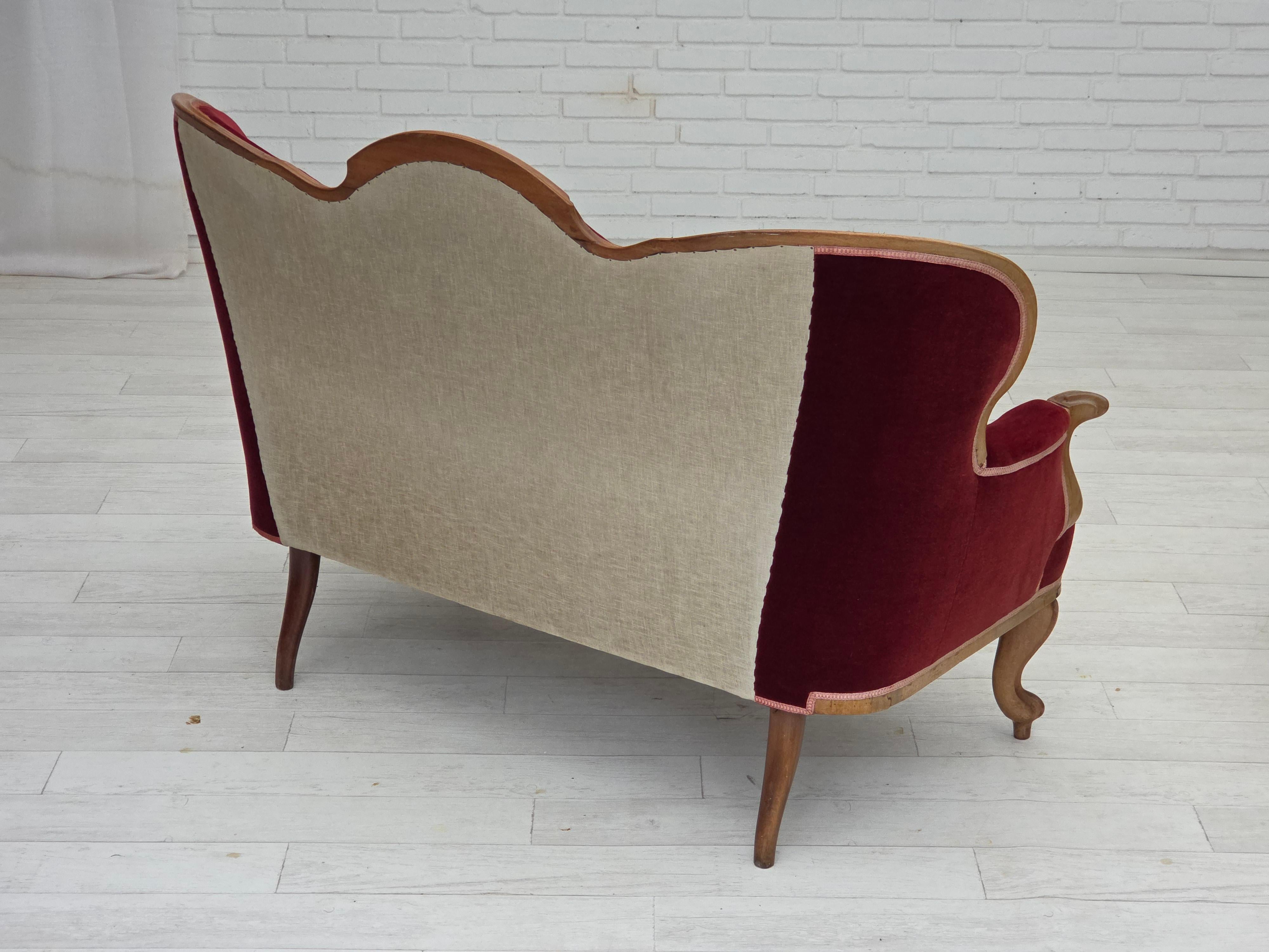 1920-30s, Danish 2-seater sofa, furniture velour, ash wood, reupholstered. For Sale 1