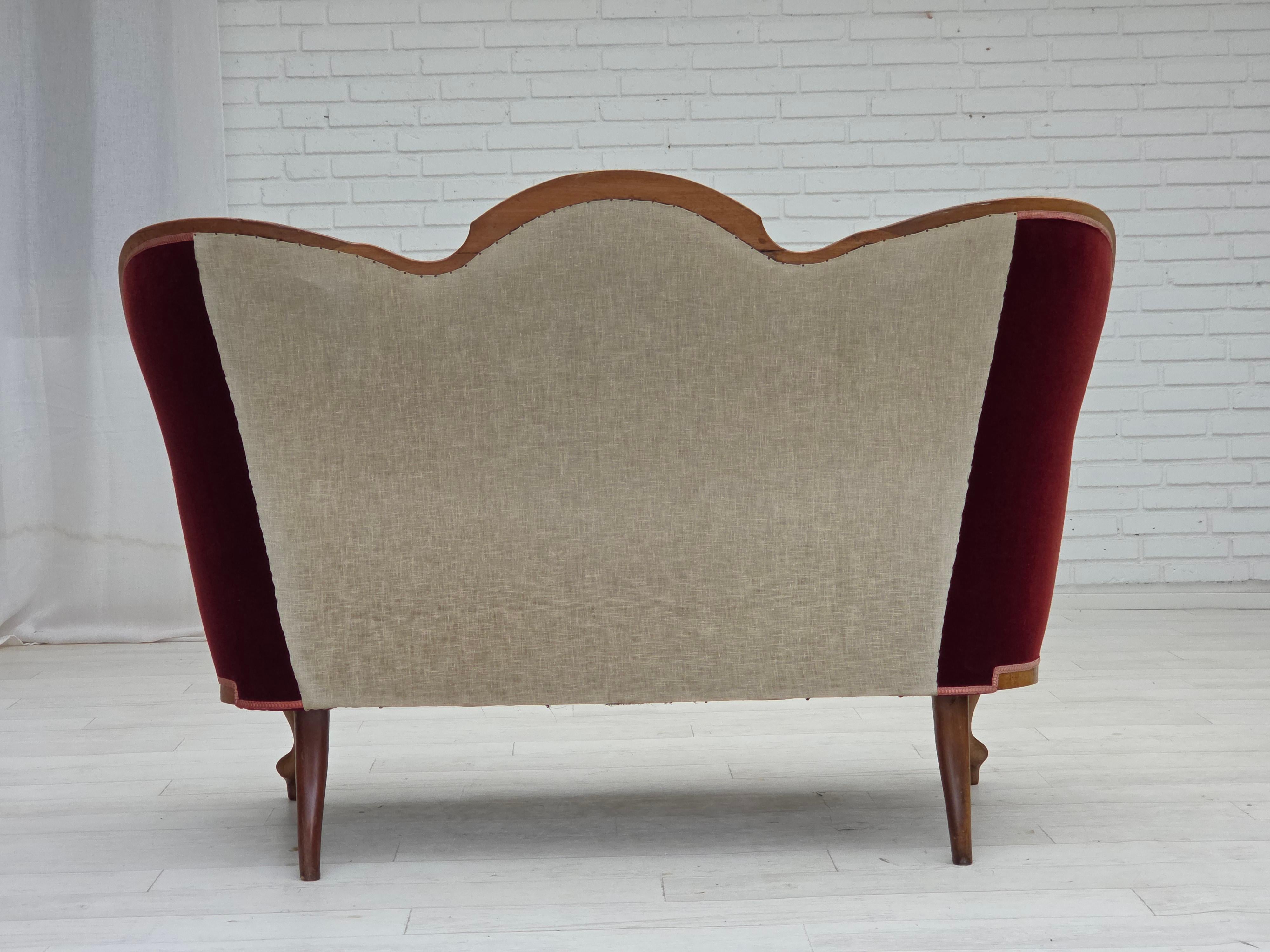 1920-30s, Danish 2-seater sofa, furniture velour, ash wood, reupholstered. For Sale 2