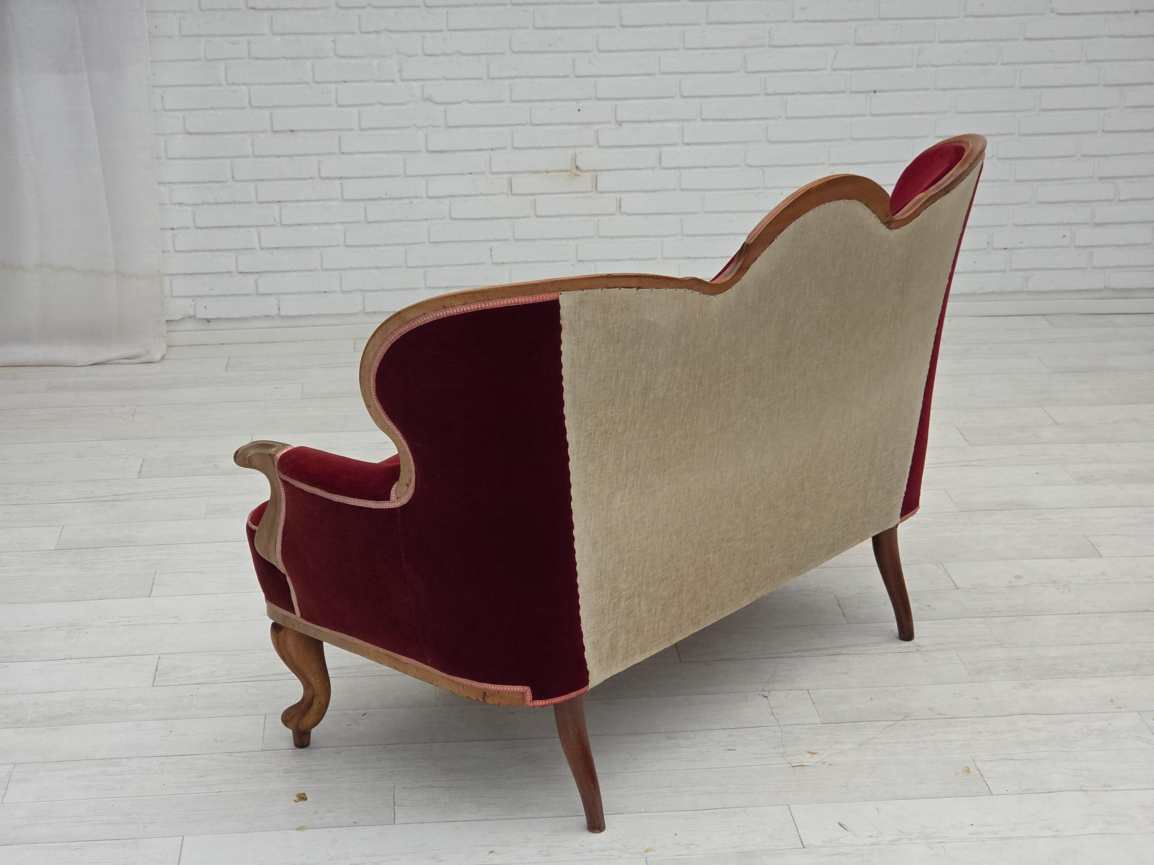 1920-30s, Danish 2-seater sofa, furniture velour, ash wood, reupholstered. For Sale 3