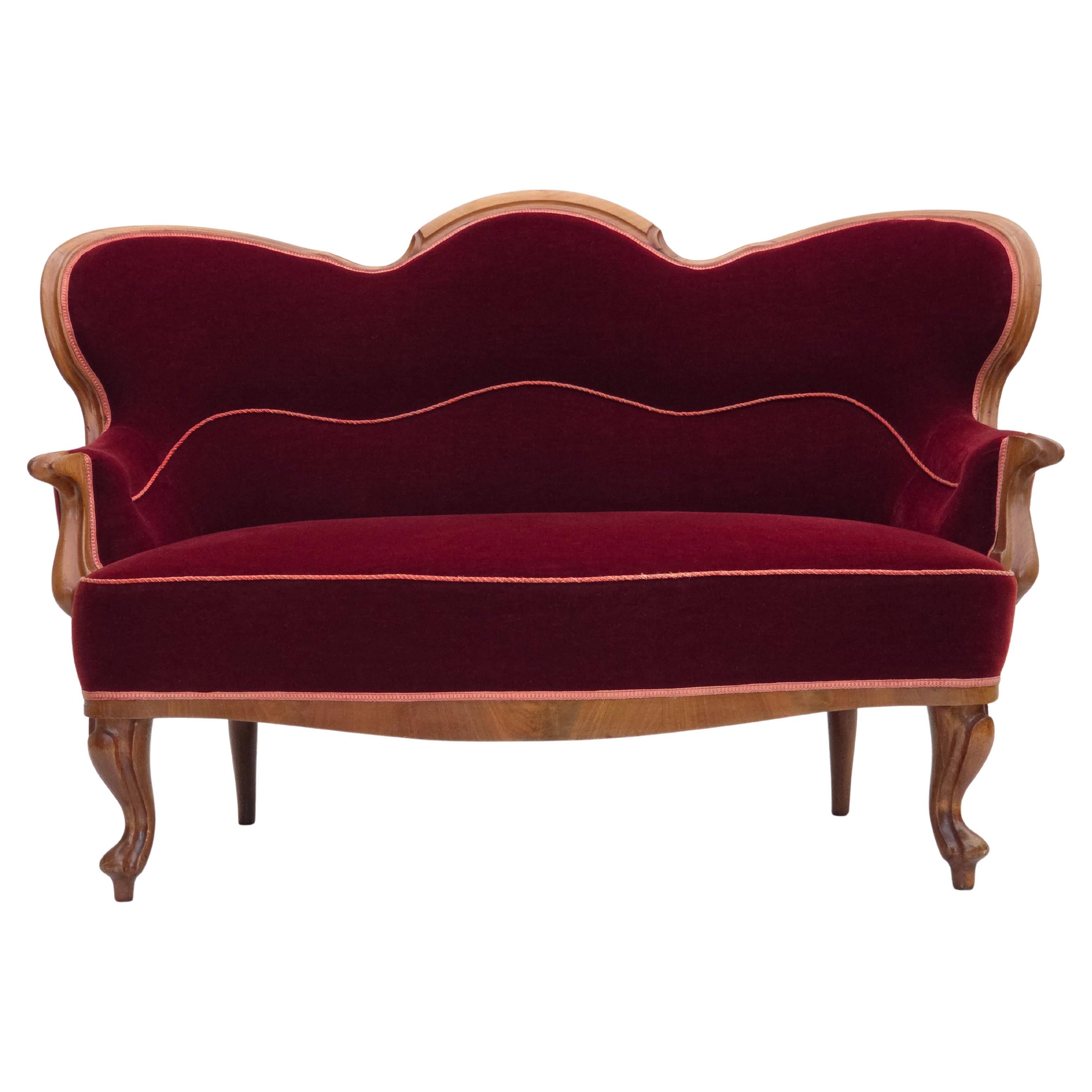 1920-30s, Danish 2-seater sofa, furniture velour, ash wood, reupholstered. For Sale