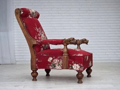 1920-30s, Danish armchair, furniture cotton fabric, hand carved oak wood.