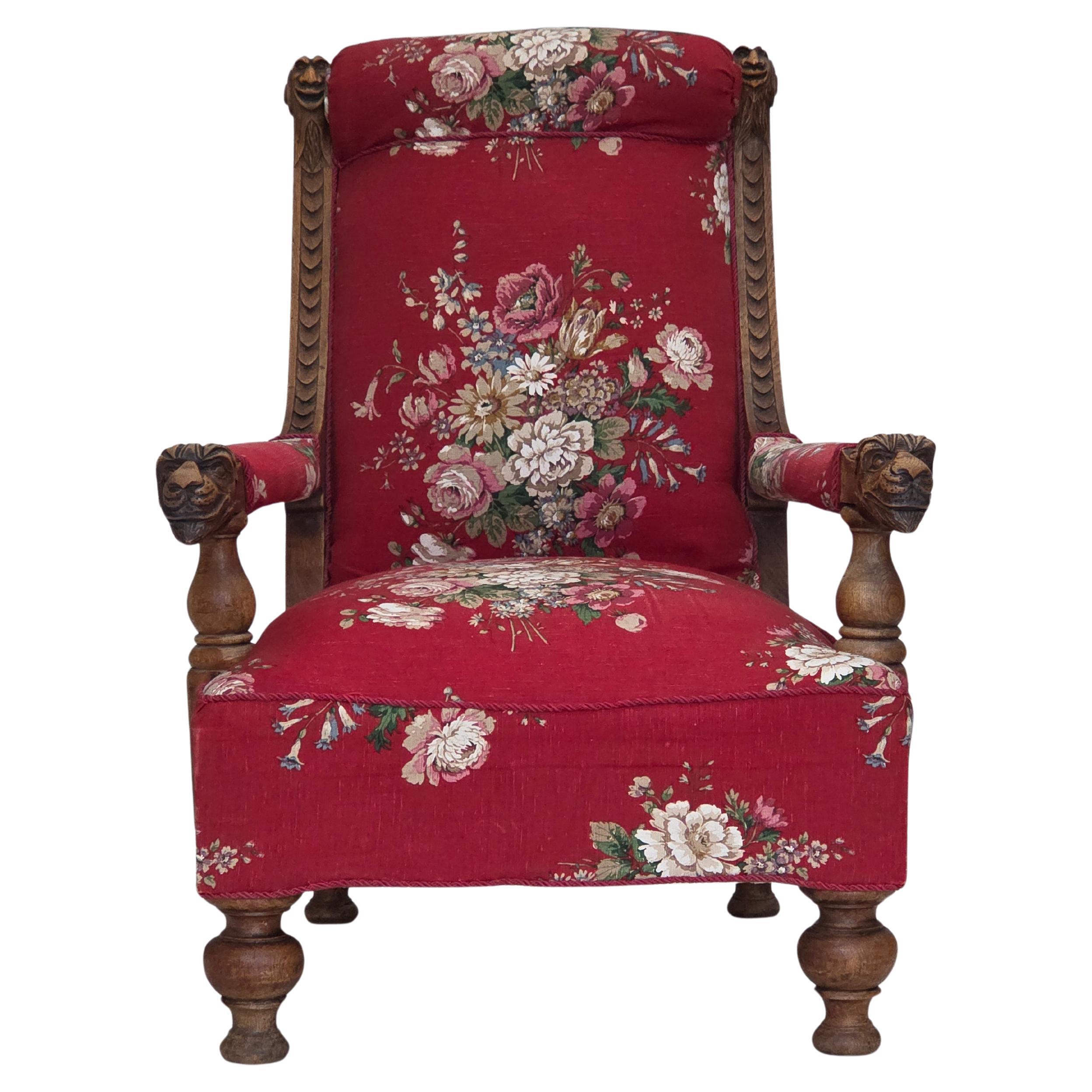 1920-30s, Danish armchair, furniture cotton fabric, hand carved oak wood. For Sale