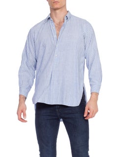 1930S Blue Linen Men's Striped Popover Shirt