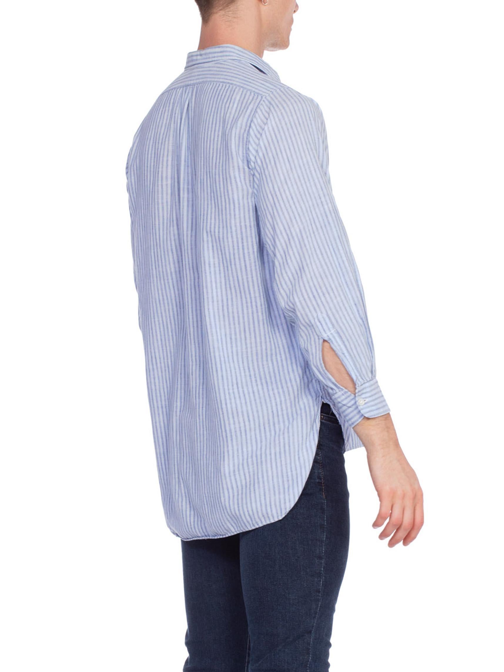 1930S Blue Linen Men's Striped Popover Shirt In Excellent Condition For Sale In New York, NY