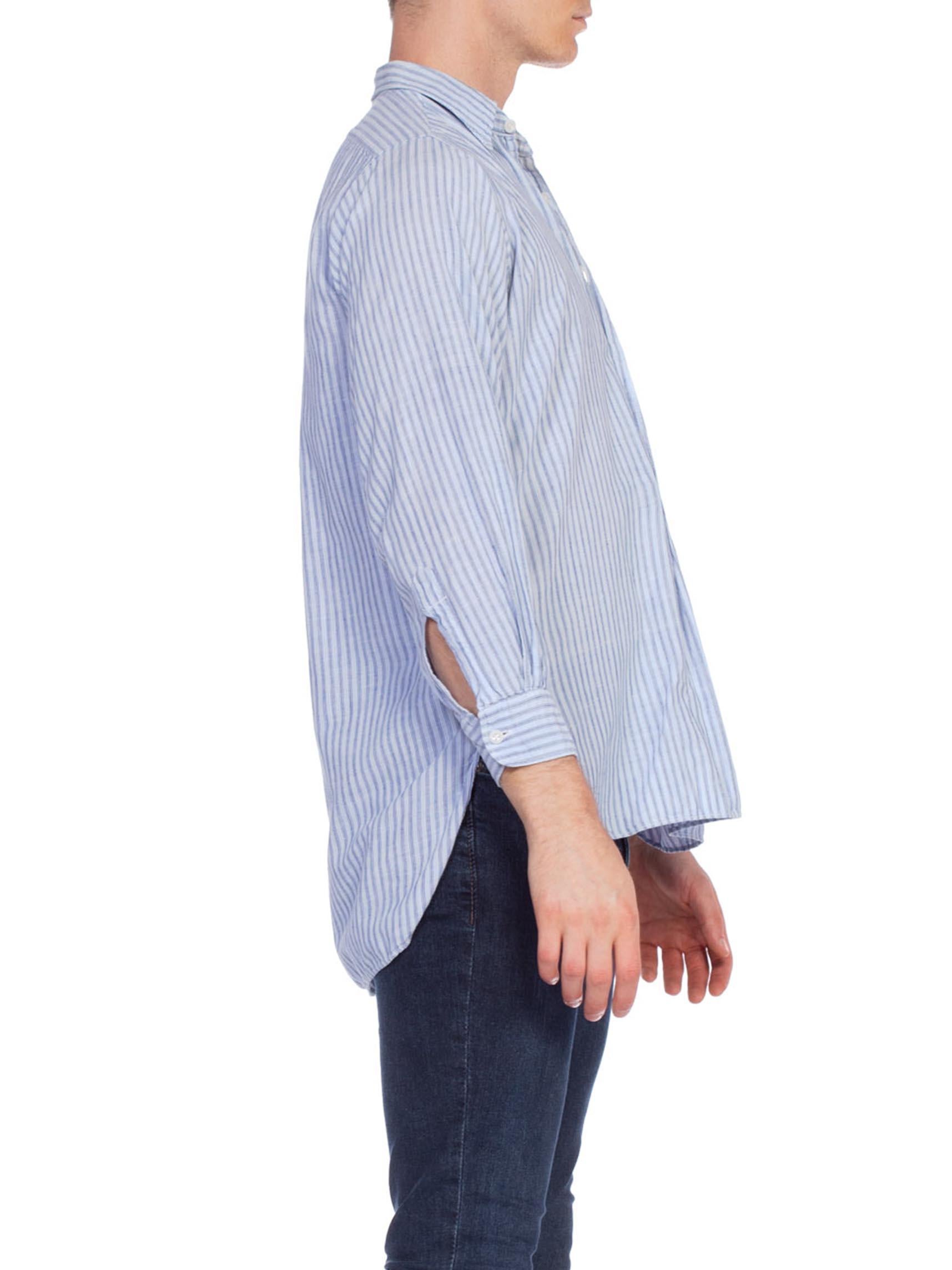 1930S Blue Linen Men's Striped Popover Shirt For Sale 2
