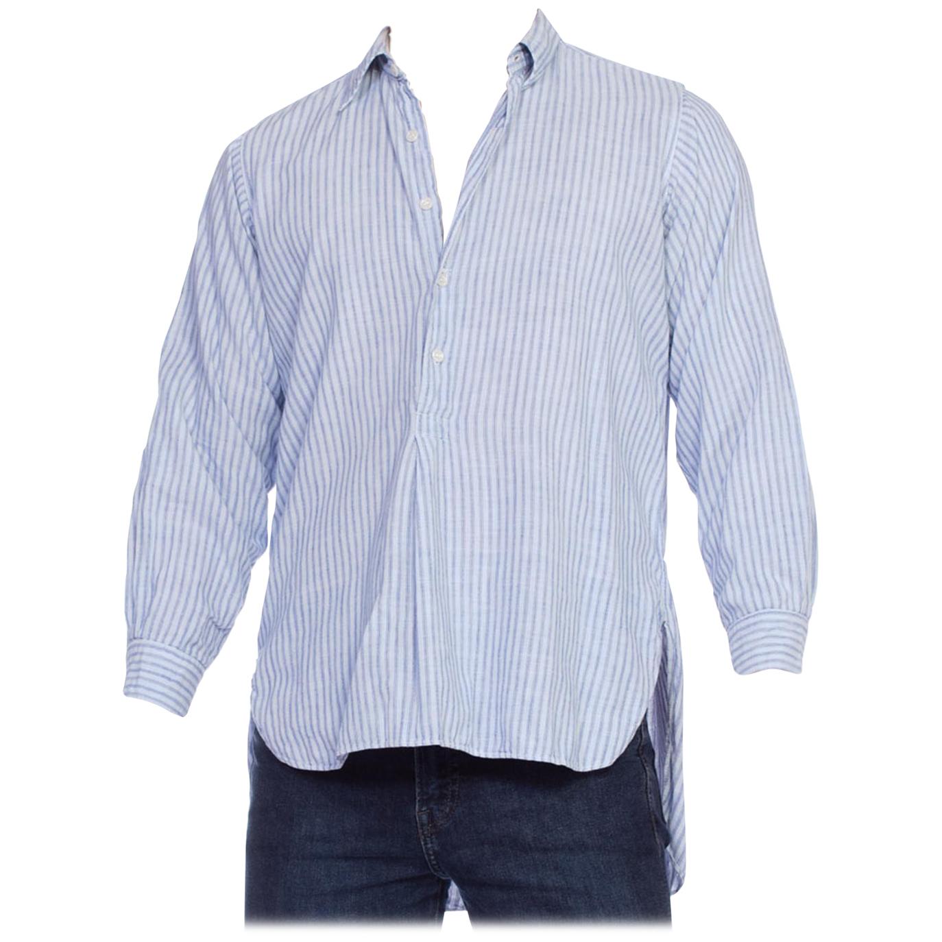 1930S Blue Linen Men's Striped Popover Shirt