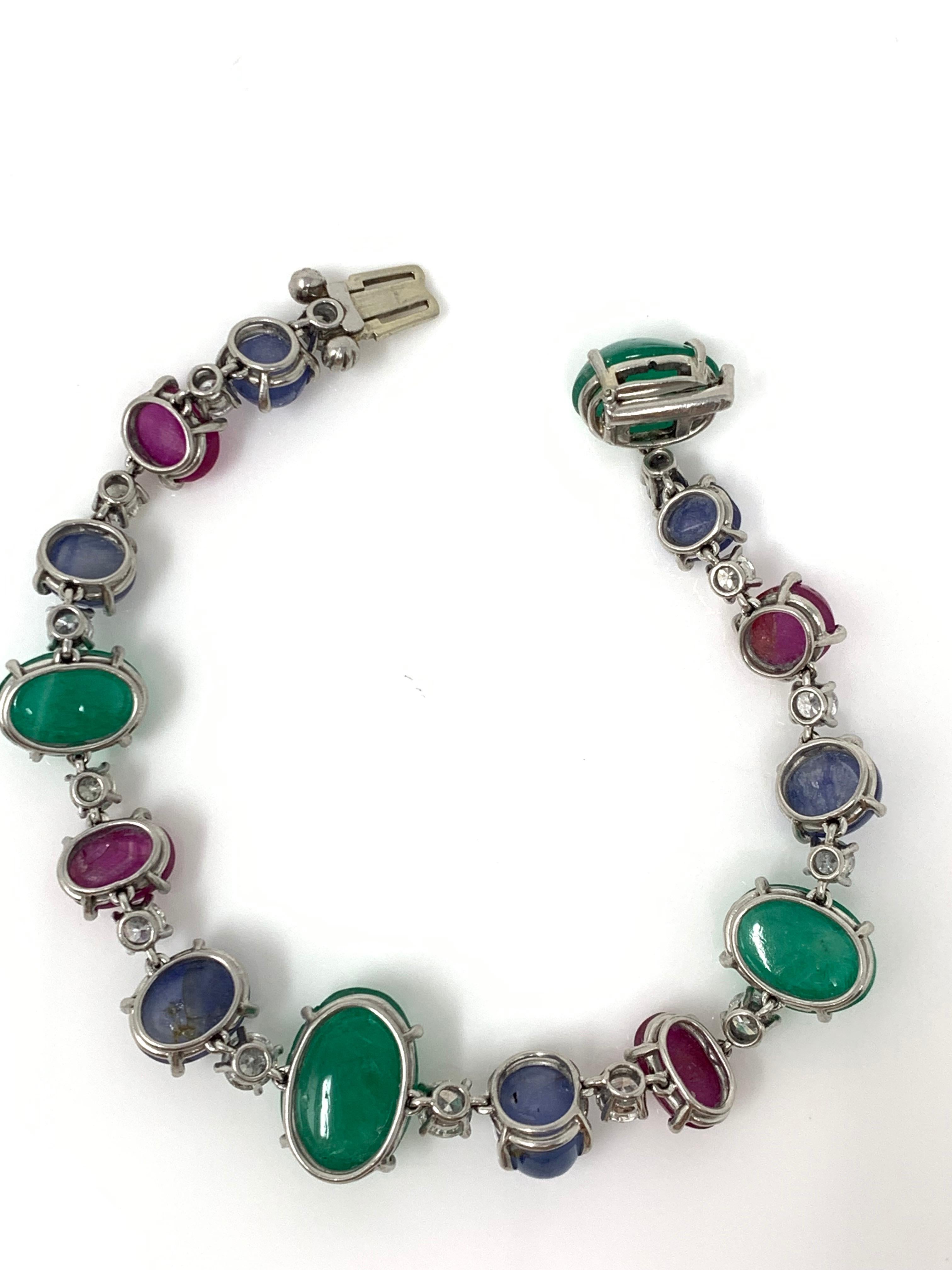 Women's 1920 Antique 32.50 Carat Emerald, Blue Sapphire, Ruby and Diamond Bracelet