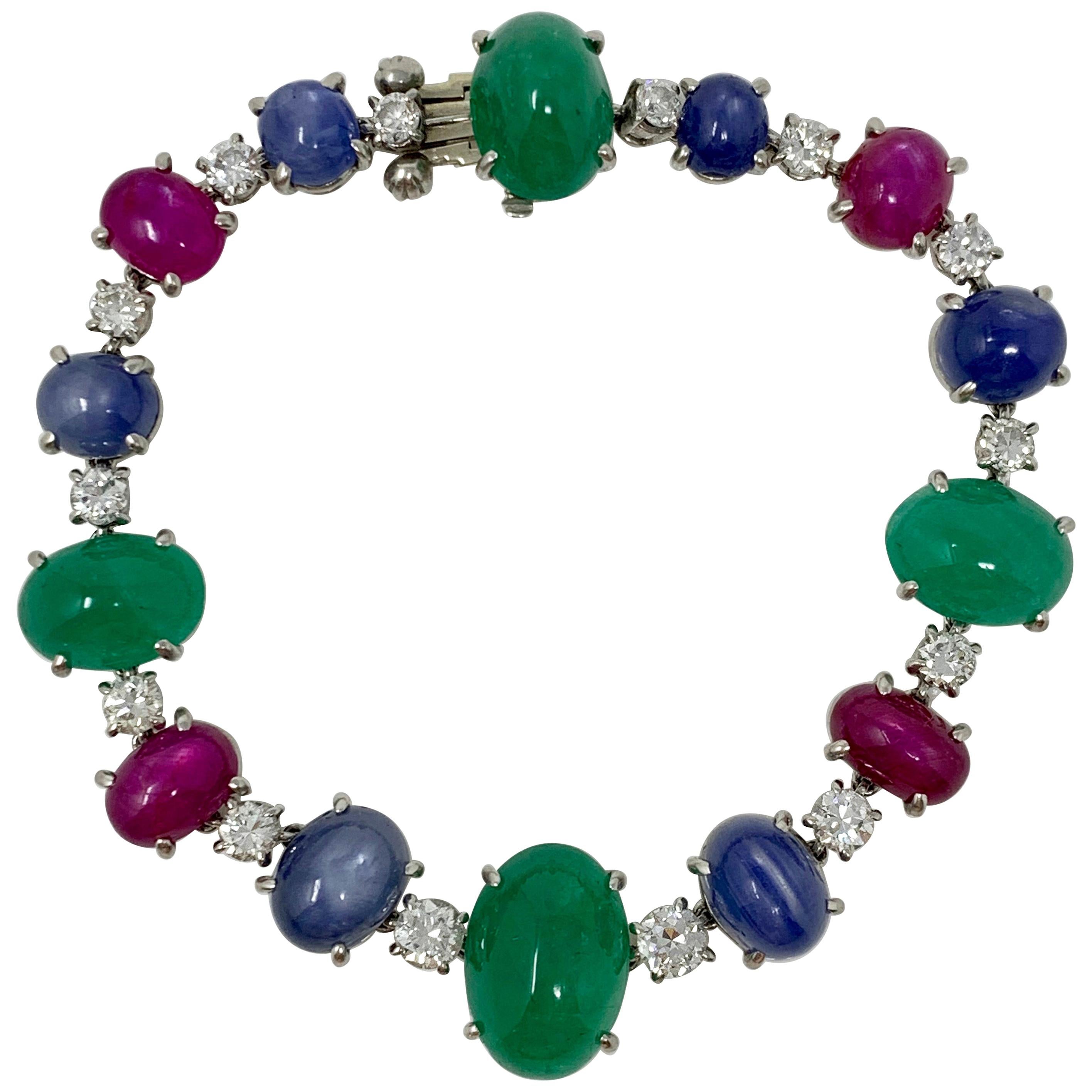 1920 Antique 32.50 Carat Emerald, Blue Sapphire, Ruby and Diamond Bracelet