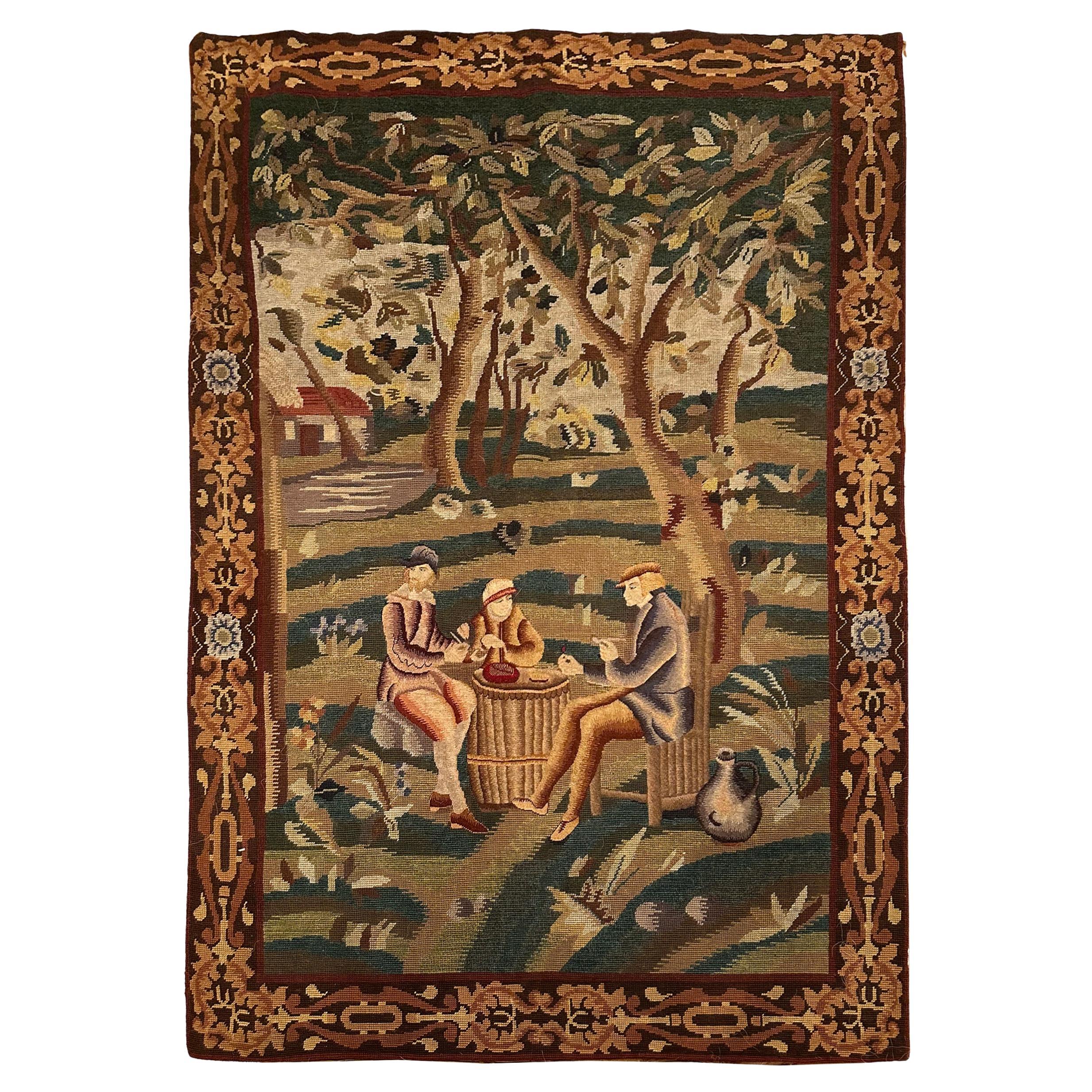 1920 Antique English Needlepoint Tapestry 3x5 3'3" x 4'10" 99cm x 148cm For Sale