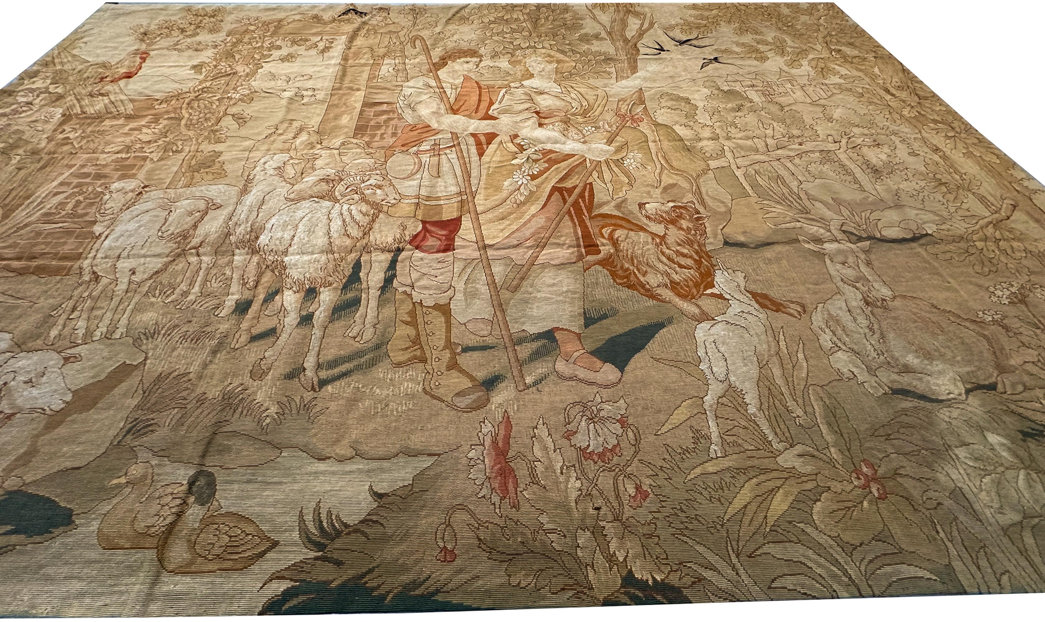 French 1920 Antique English Needlepoint Tapestry Wool & Silk 7x12ft 82cm x 158cm For Sale