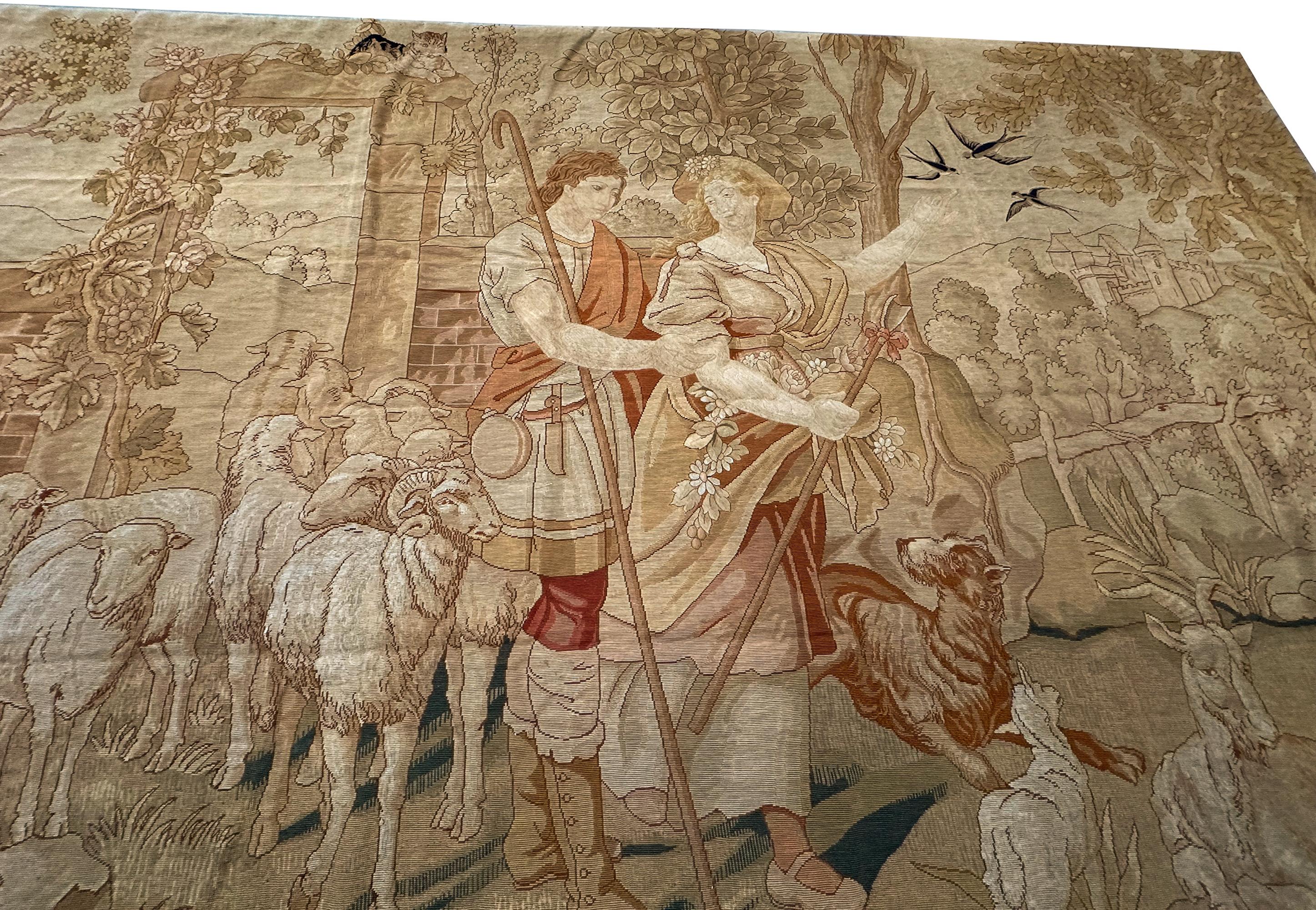 Hand-Woven 1920 Antique English Needlepoint Tapestry Wool & Silk 7x12ft 82cm x 158cm For Sale