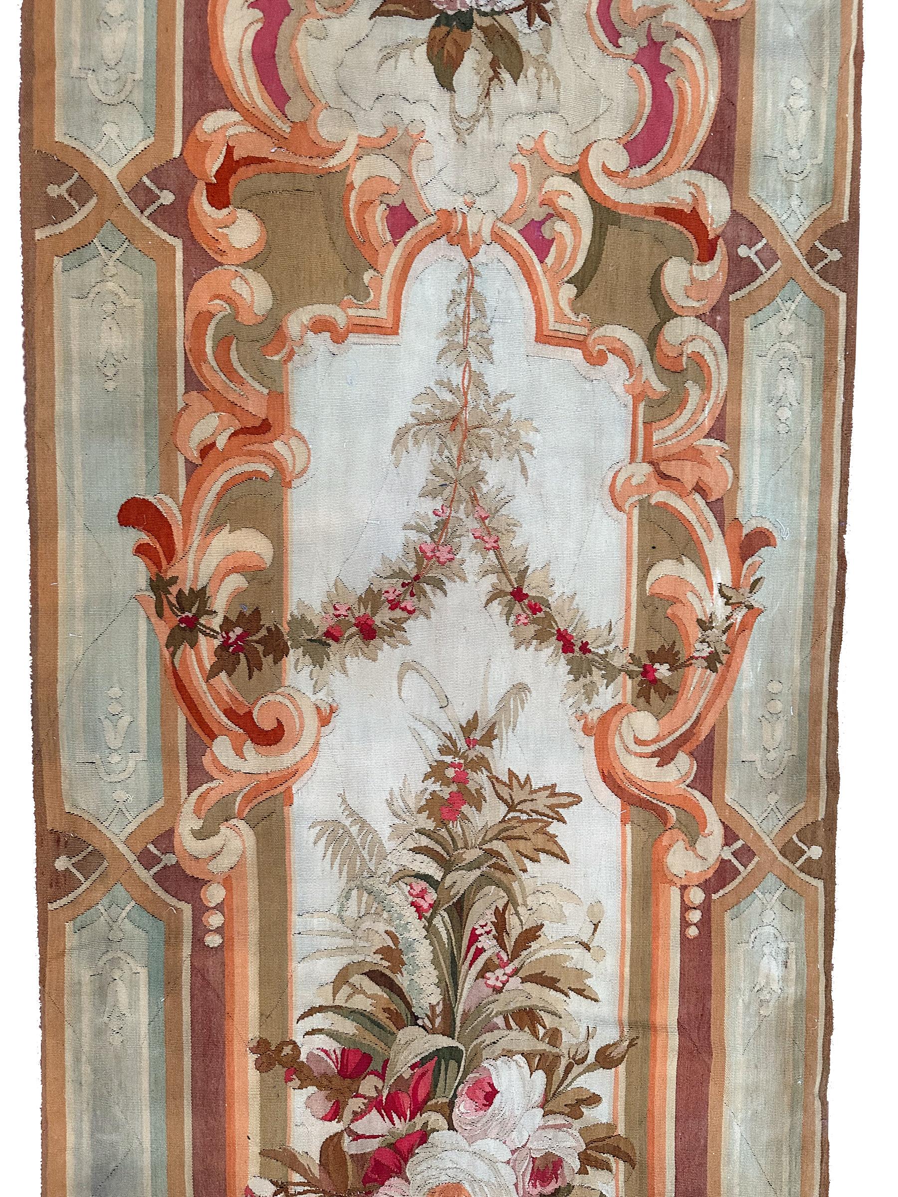 1920 Antique French Aubusson Tapestry Rug Floral Vase Runner 3x10 1880 97x287cm For Sale 3