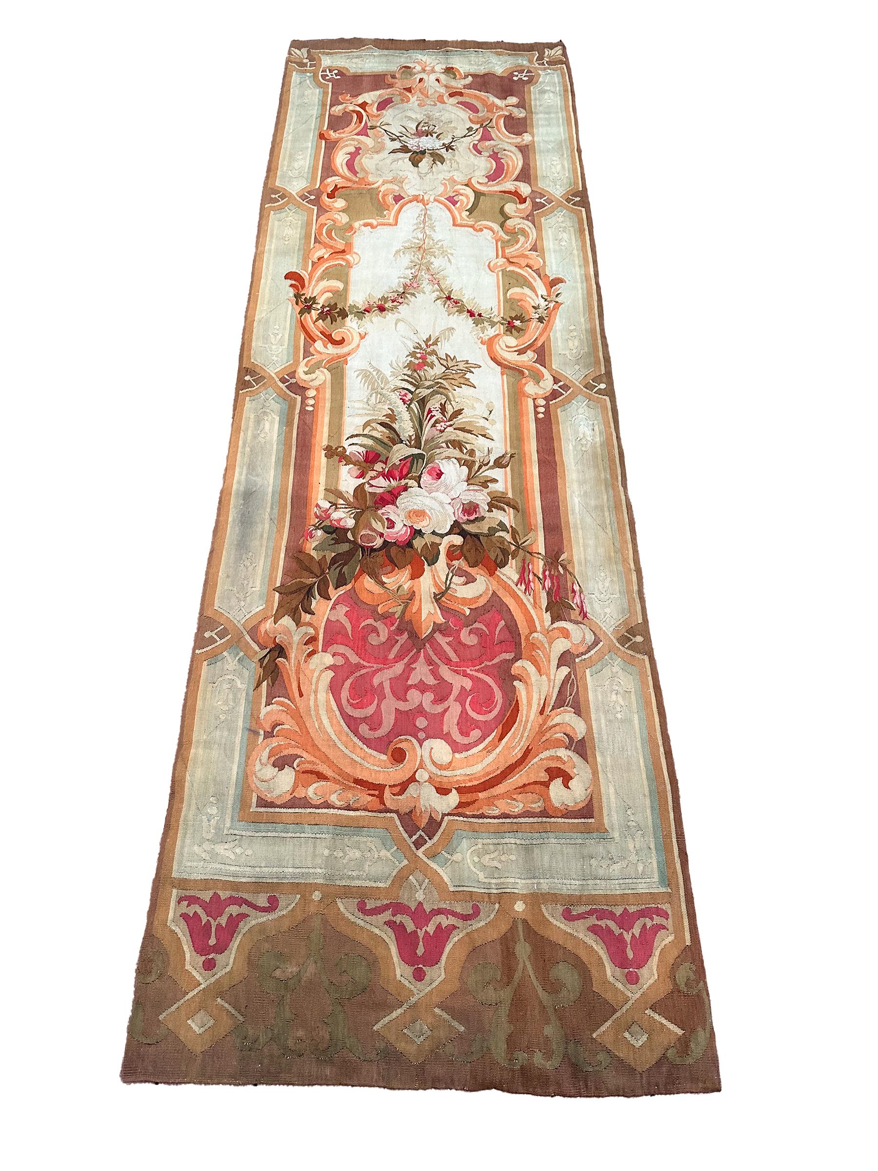 1920 Antique French Aubusson Tapestry Rug Floral Vase Runner 3x10 1880 97x287cm For Sale 5