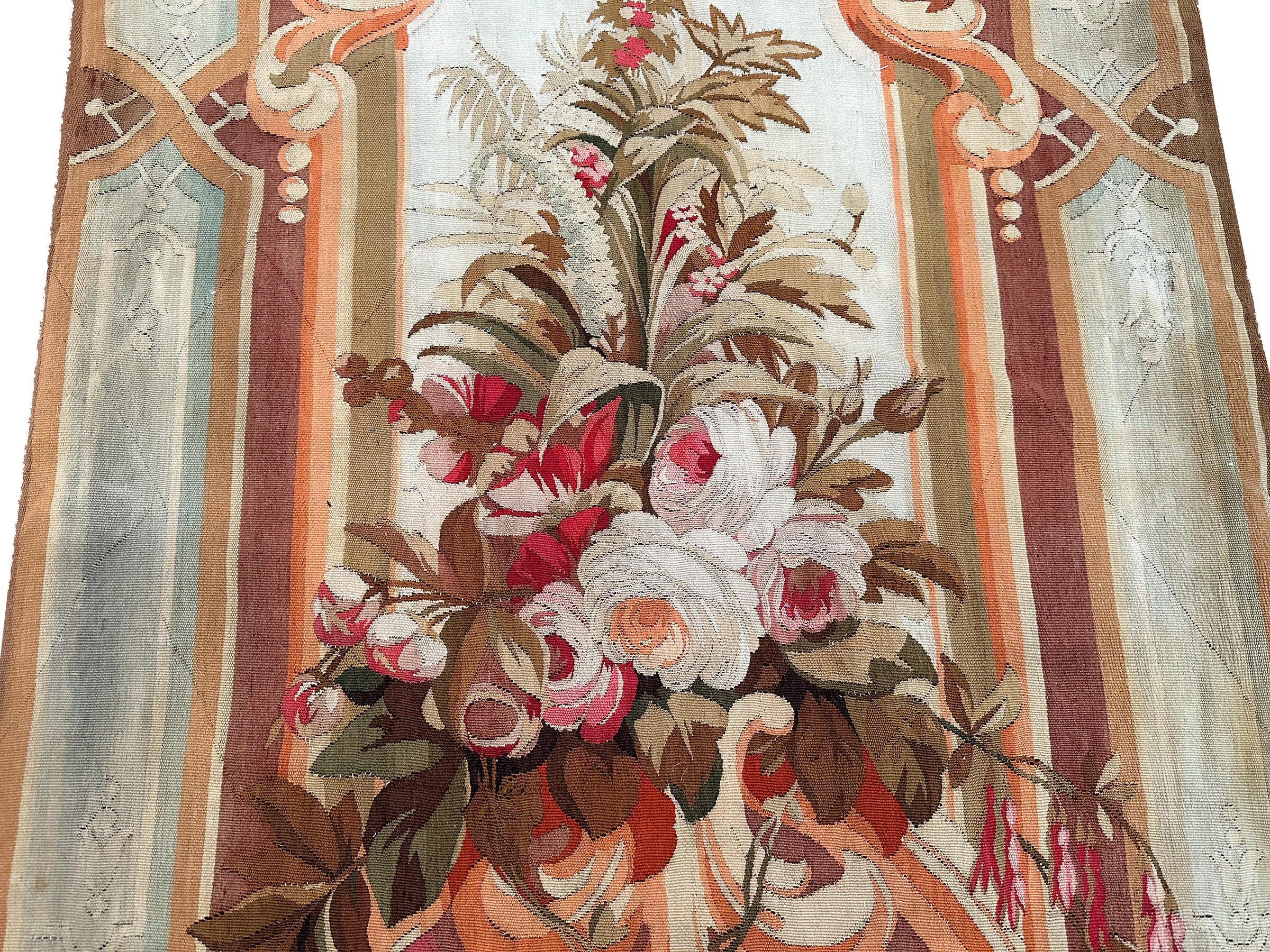 Baroque 1920 Antique French Aubusson Tapestry Rug Floral Vase Runner 3x10 1880 97x287cm For Sale
