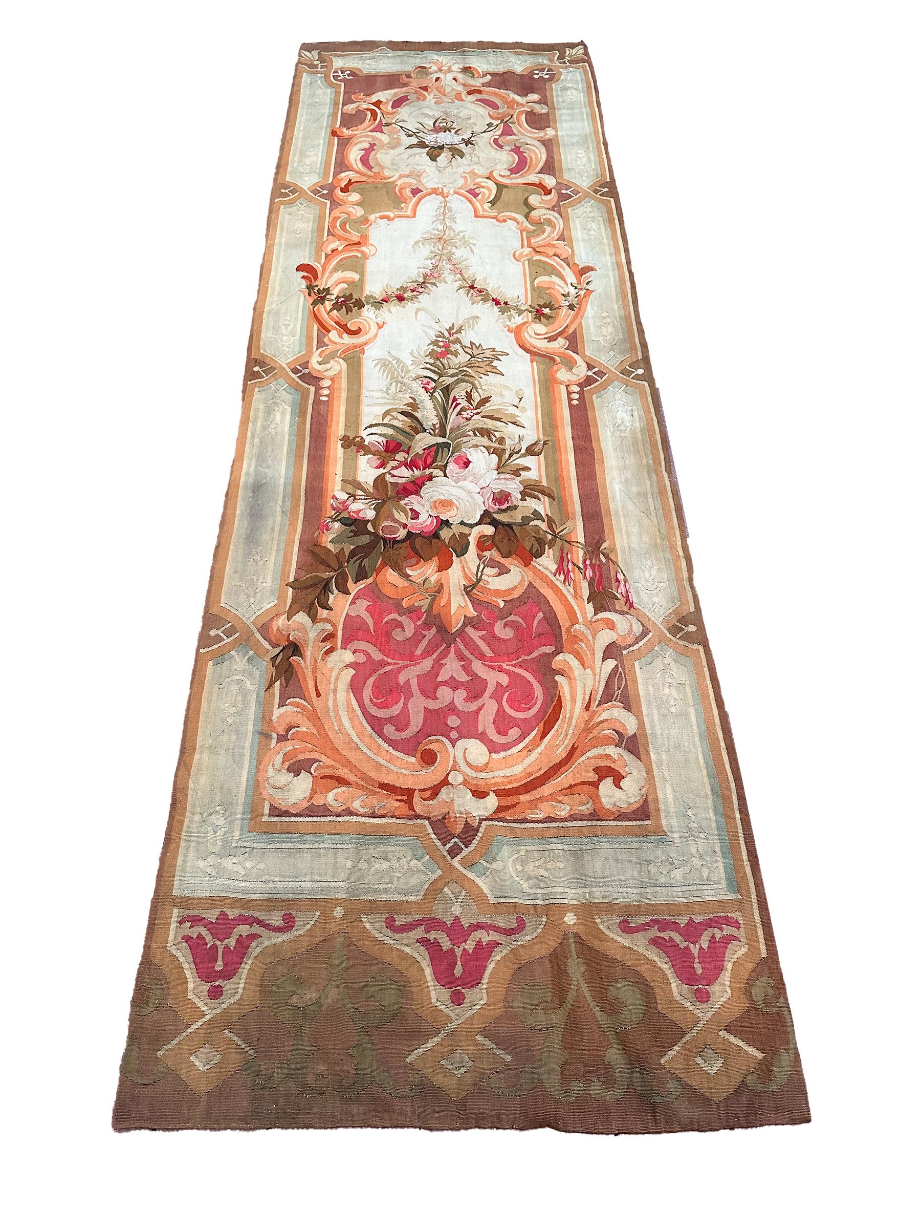 Hand-Woven 1920 Antique French Aubusson Tapestry Rug Floral Vase Runner 3x10 1880 97x287cm For Sale