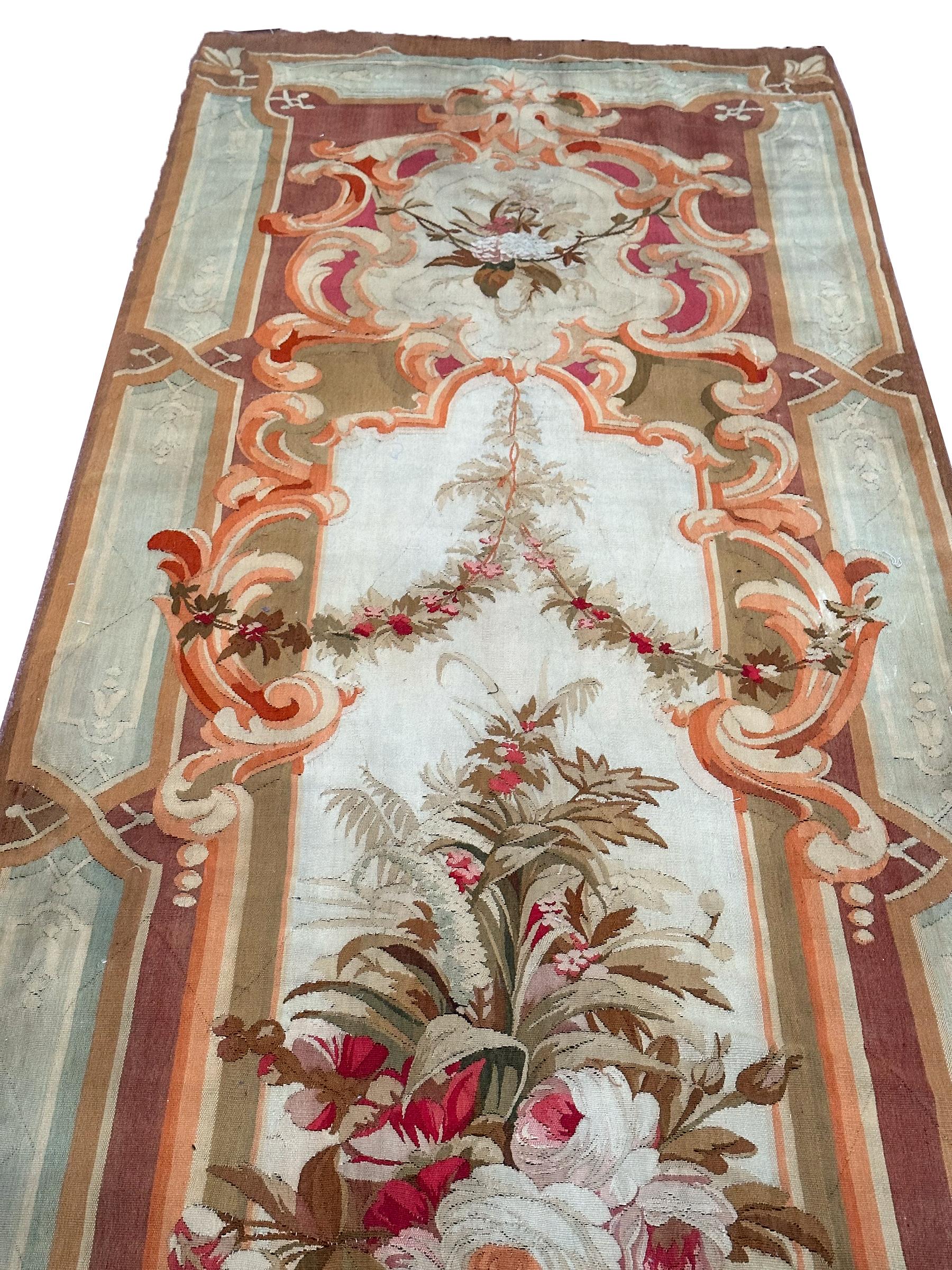 1920 Antique French Aubusson Tapestry Rug Floral Vase Runner 3x10 1880 97x287cm In Good Condition For Sale In New York, NY