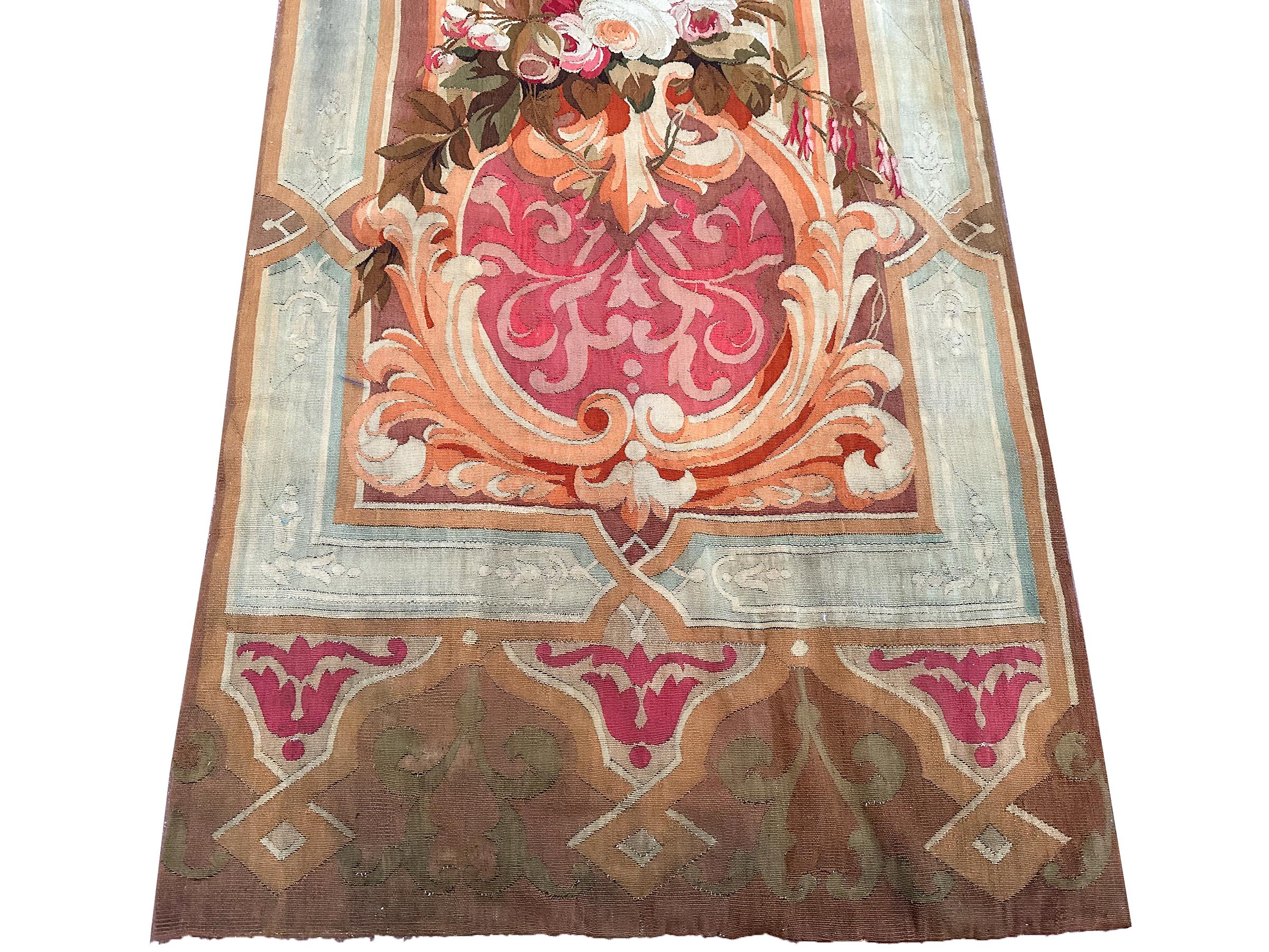 Wool 1920 Antique French Aubusson Tapestry Rug Floral Vase Runner 3x10 1880 97x287cm For Sale