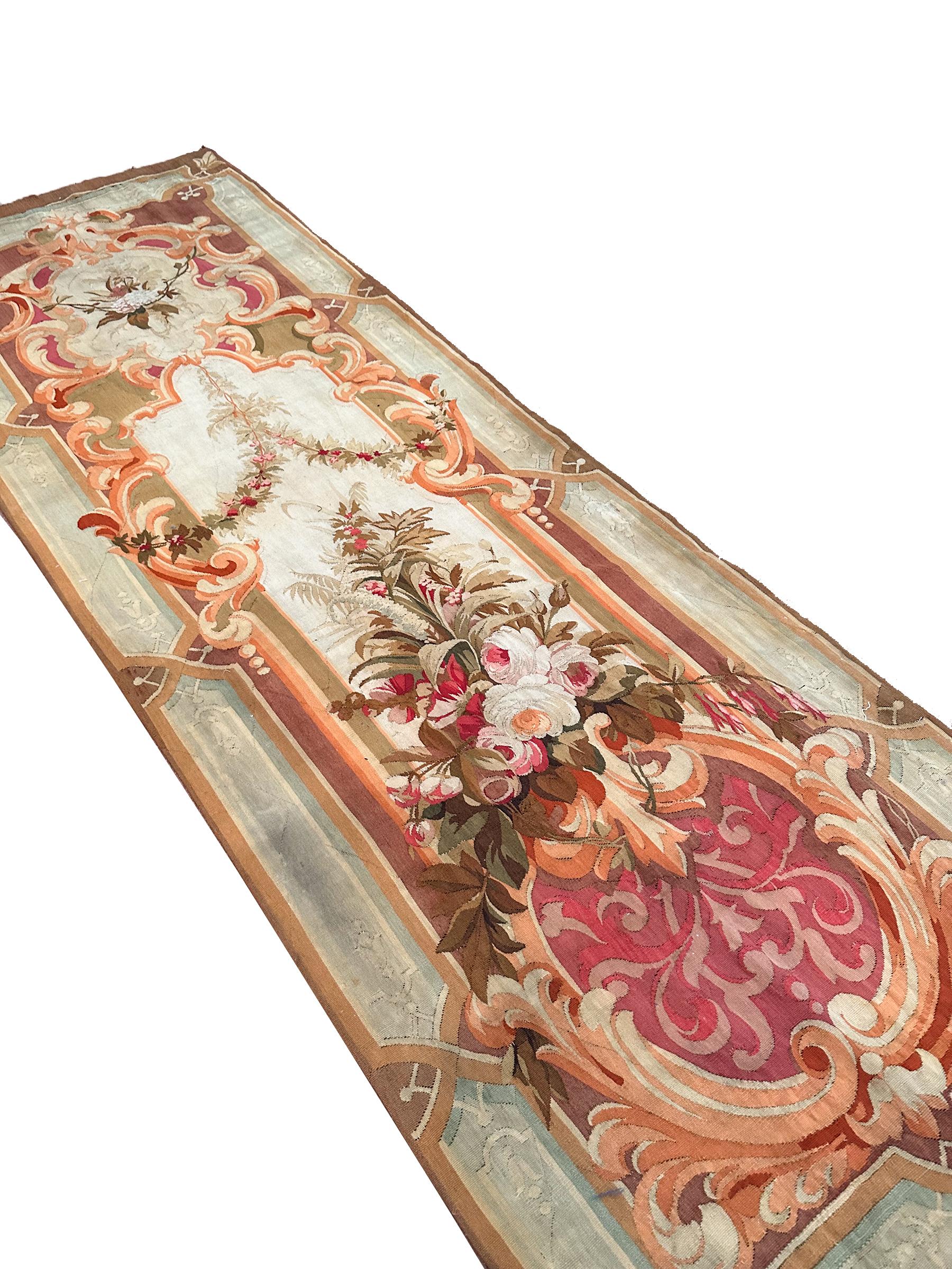 1920 Antique French Aubusson Tapestry Rug Floral Vase Runner 3x10 1880 97x287cm For Sale 2