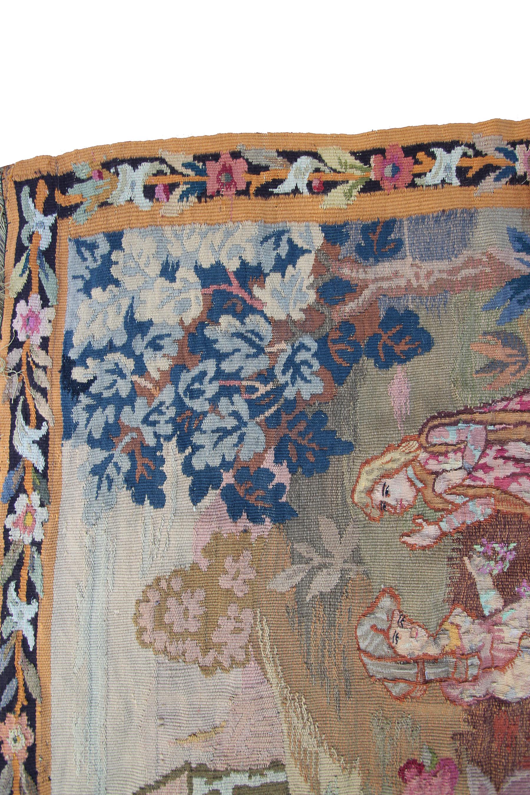 Hand-Woven 1920 Antique French Tapestry Scene Celebration Trees Handmade For Sale