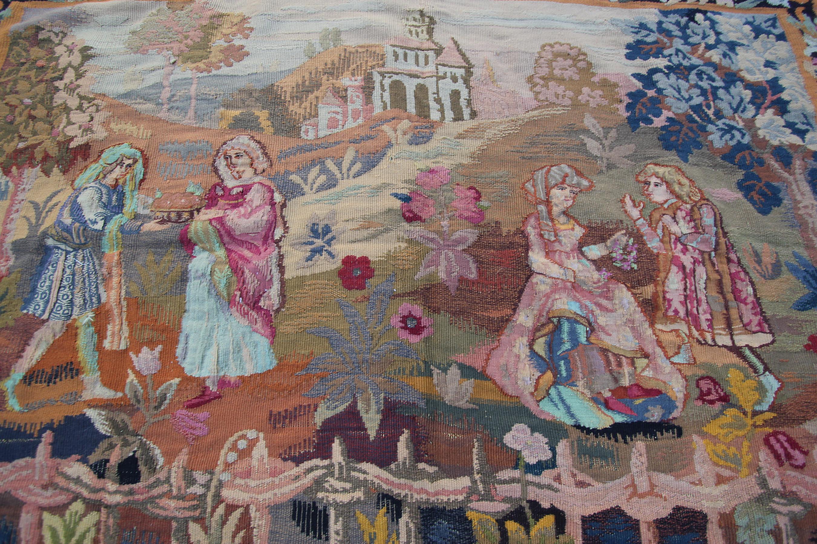 1920 Antique French Tapestry Scene Celebration Trees Handmade In Good Condition For Sale In New York, NY