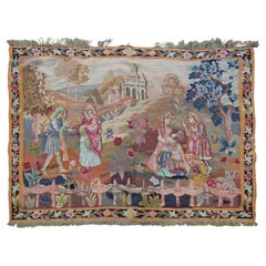 1920 Antique French Tapestry Scene Celebration Trees Handmade 4X5