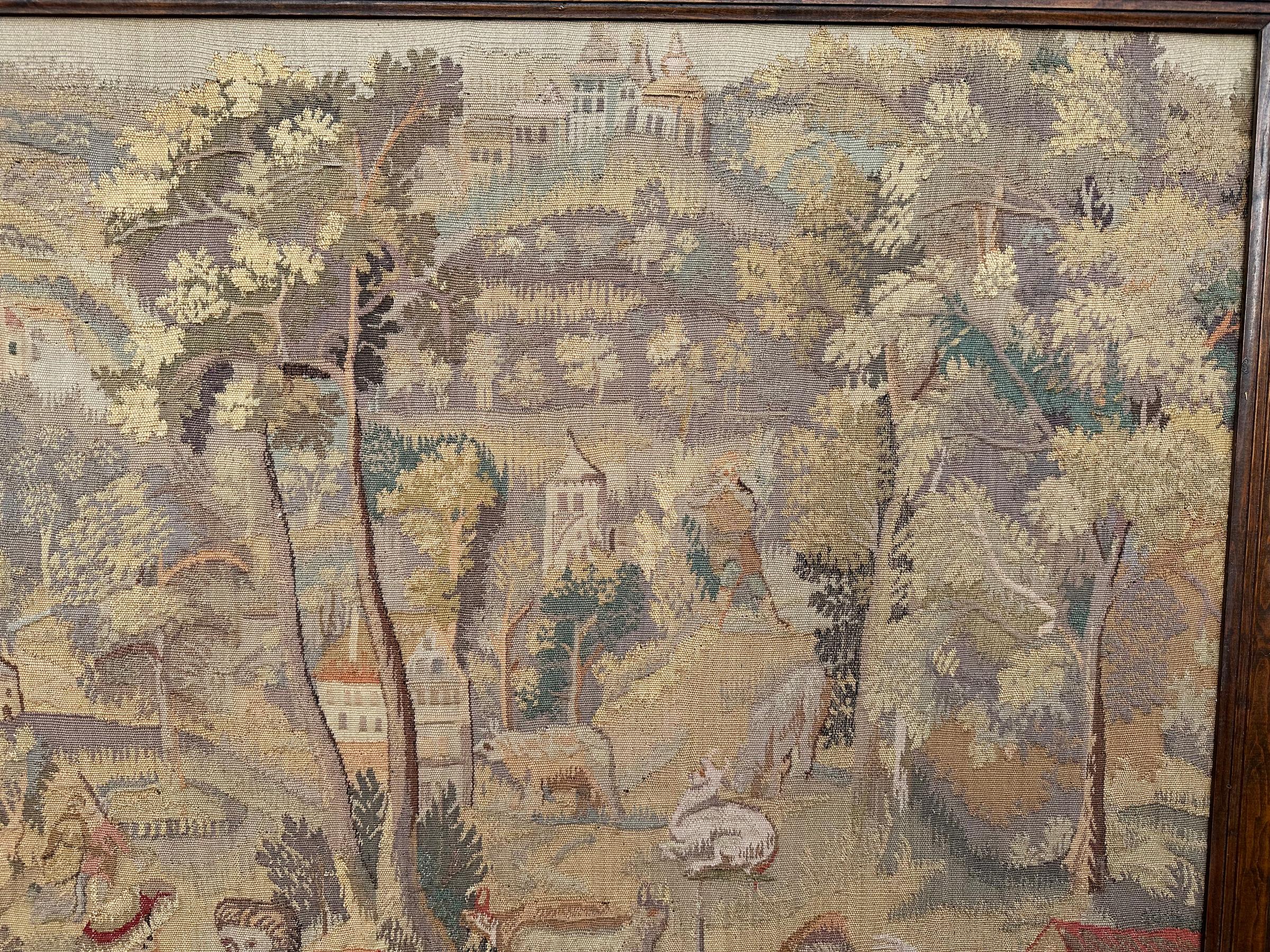1920 Antike französische Tapisserie Wolle & Seide Dorfszene gerahmt 3x4

