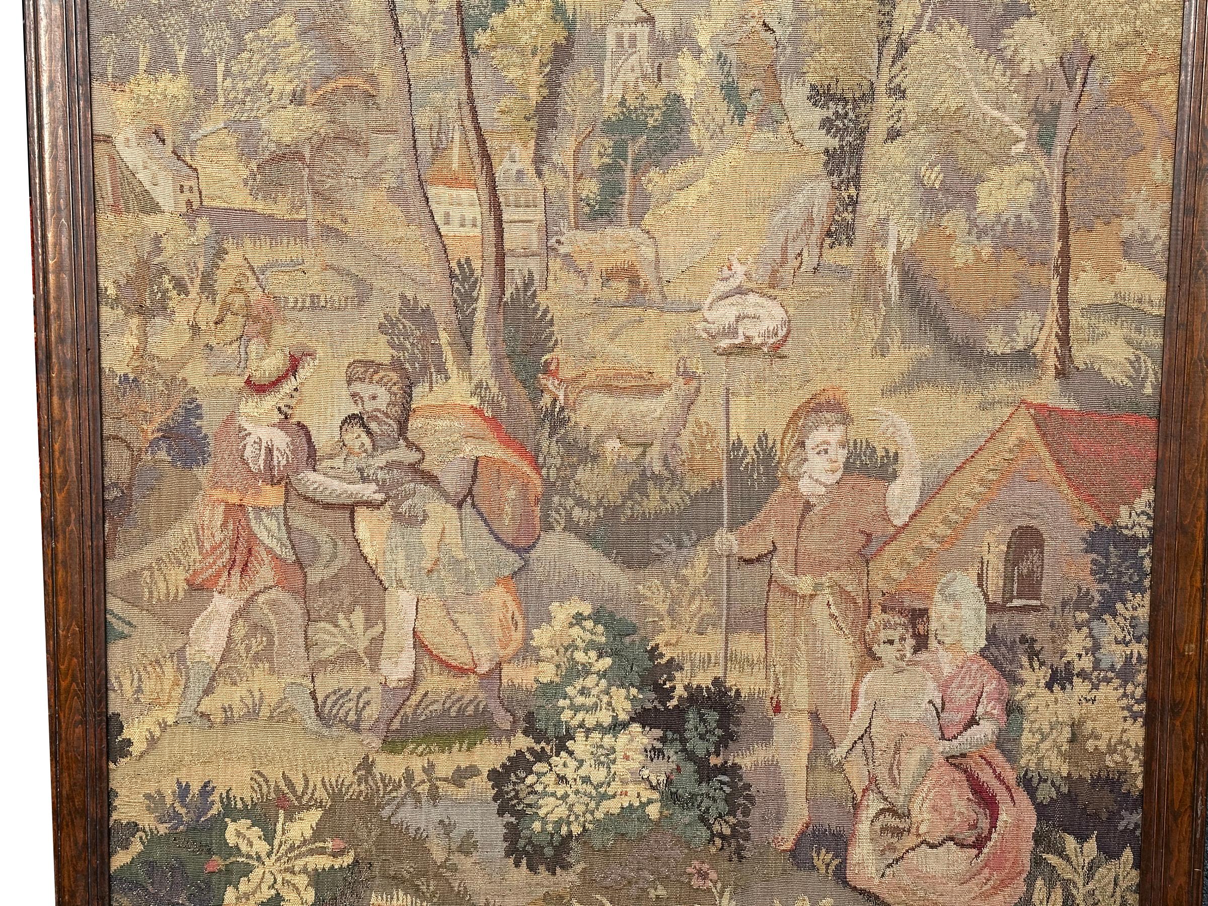 Antiker französischer Wandteppich aus Wolle und Seide, Dorfszene, gerahmt, 3x4 102 cm x 122 cm, 1920 (Barock) im Angebot
