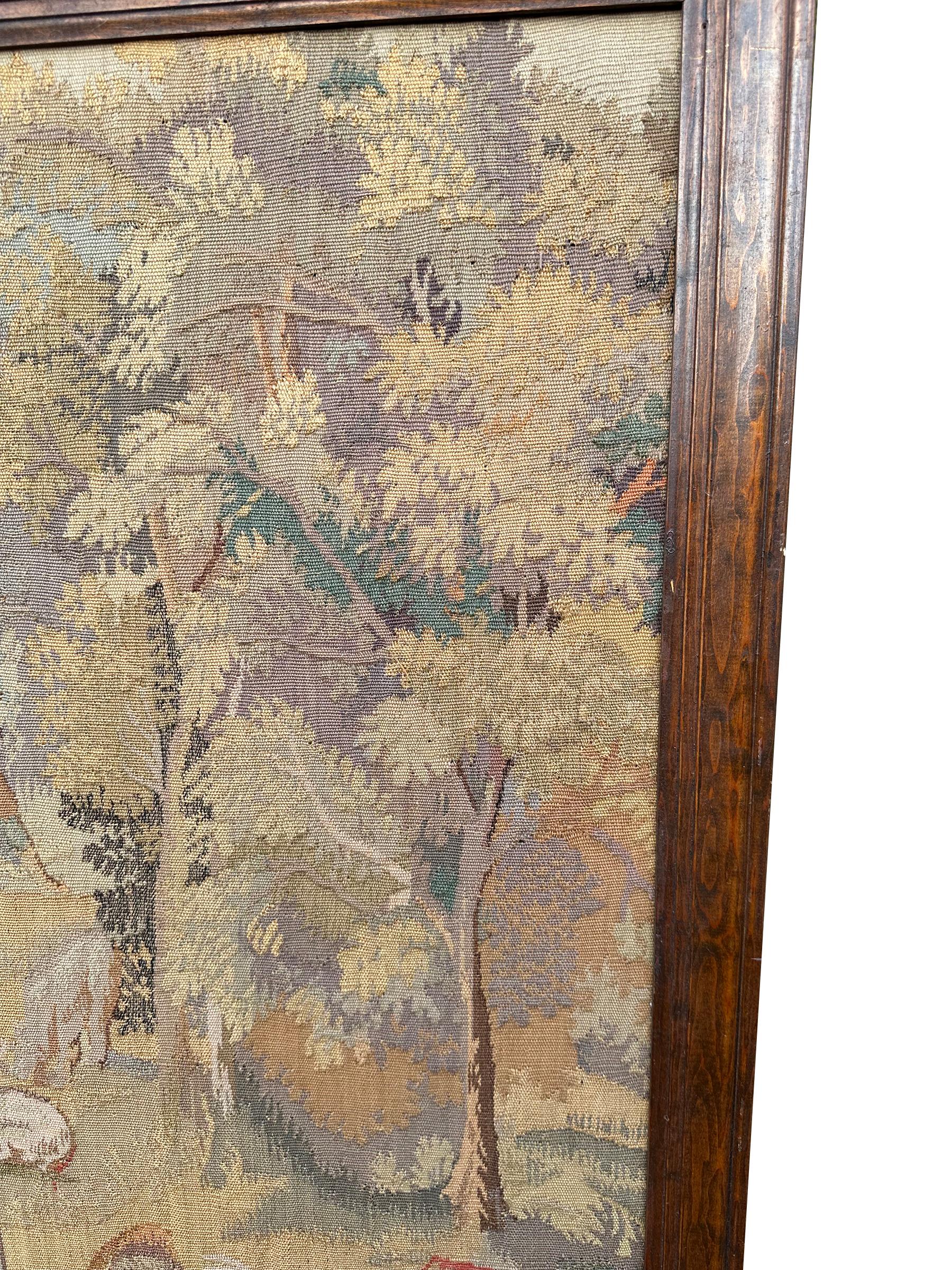 Antiker französischer Wandteppich aus Wolle und Seide, Dorfszene, gerahmt, 3x4 102 cm x 122 cm, 1920 (Handgewebt) im Angebot