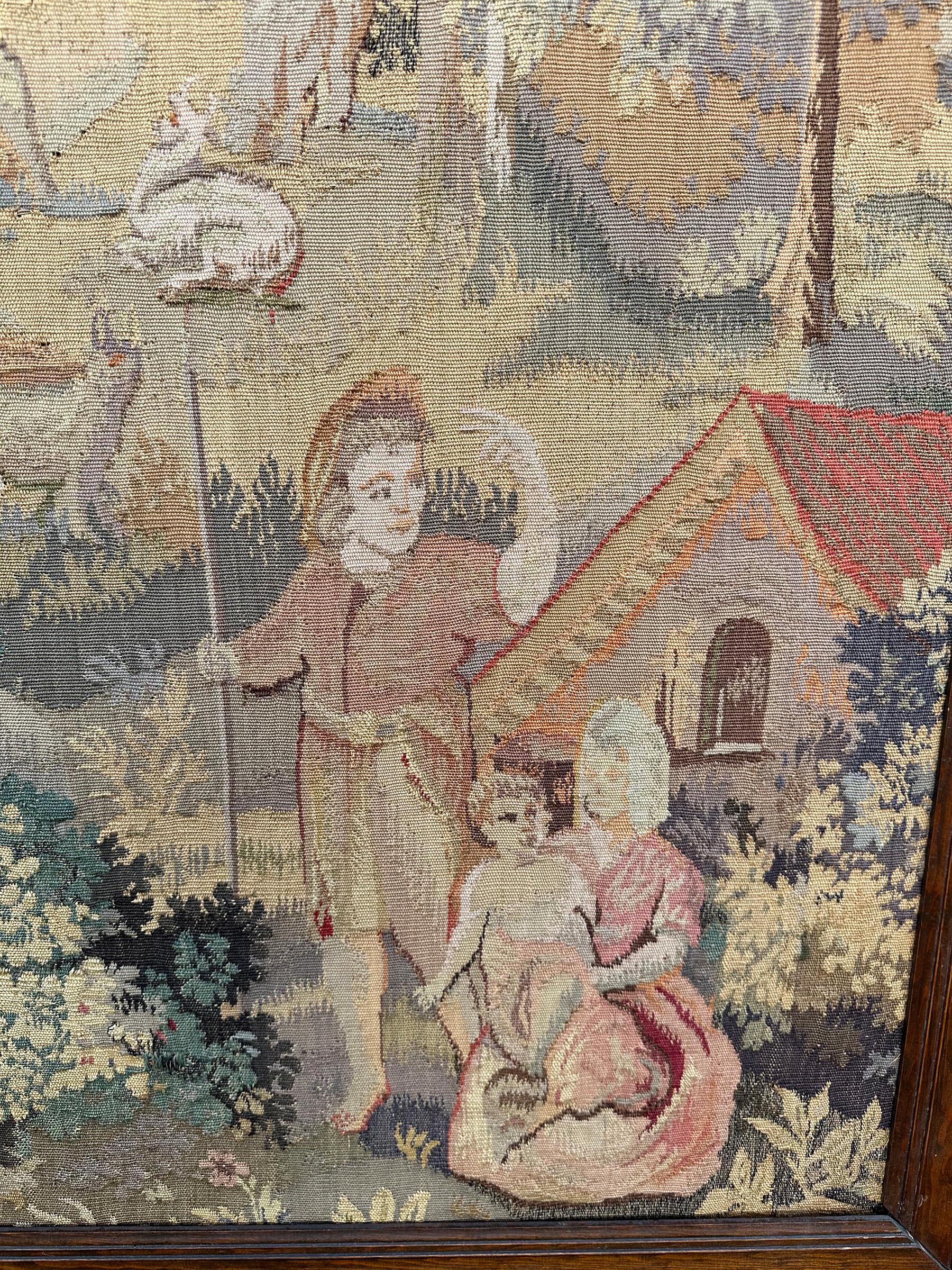 1920 Antique French Tapestry Wool & Silk Village Scene Framed 3x4 102cm x 122cm For Sale 2