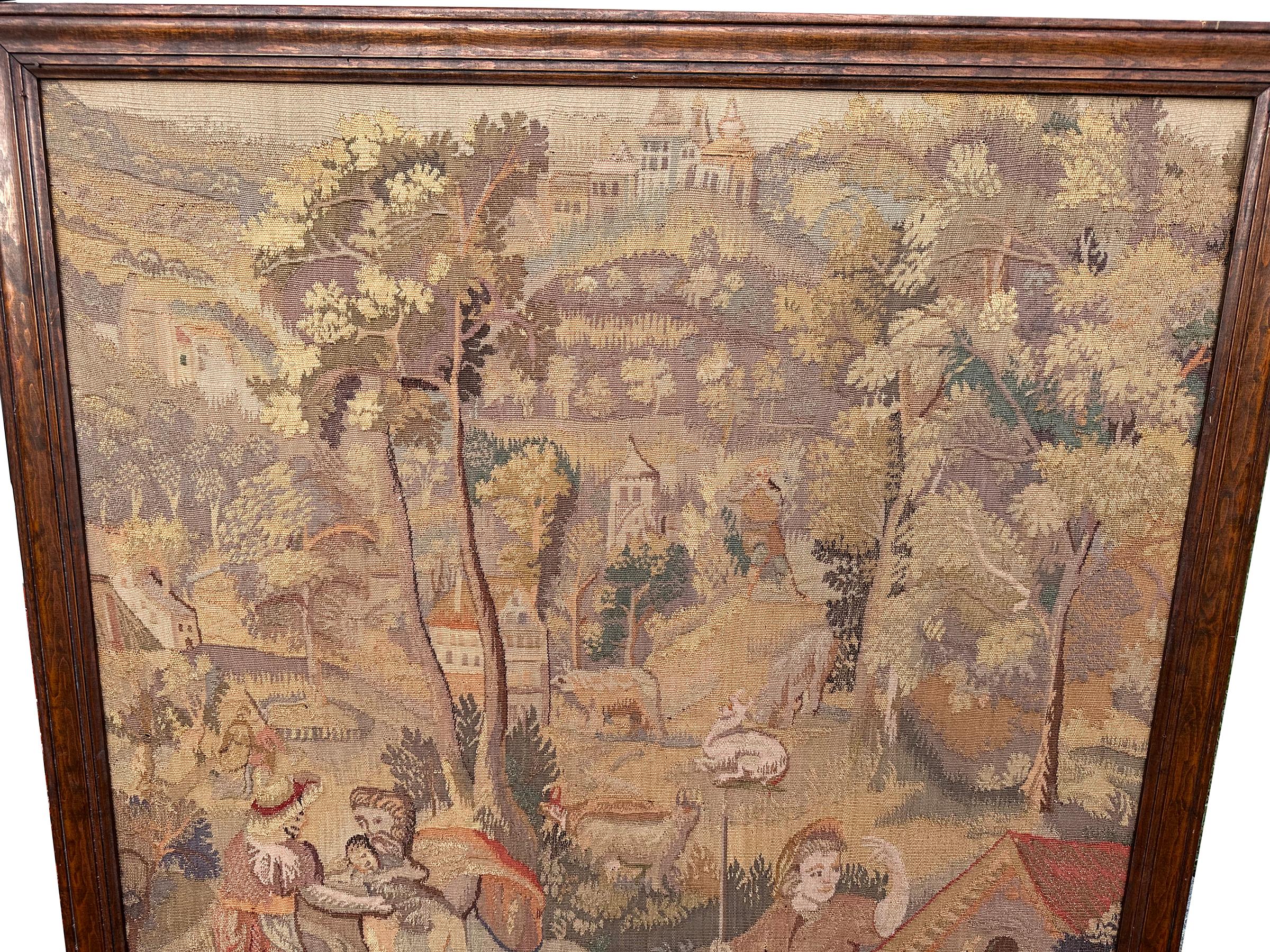 1920 Antique French Tapestry Wool & Silk Village Scene Framed 3x4 102cm x 122cm For Sale 3
