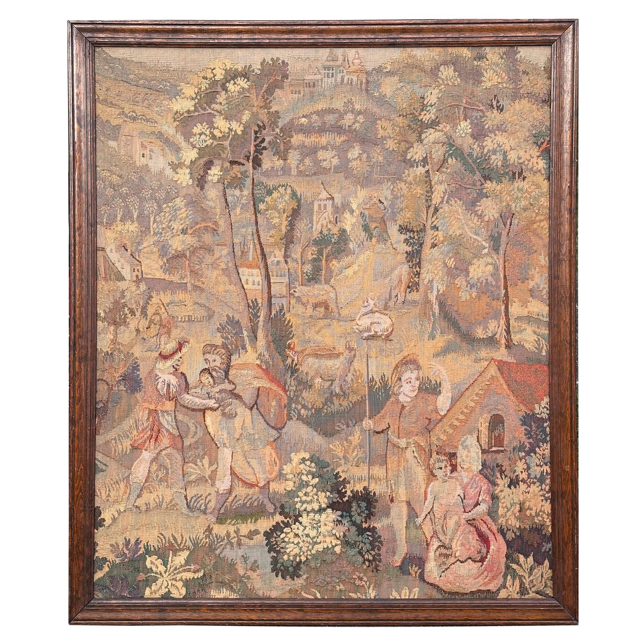 Antiker französischer Wandteppich aus Wolle und Seide, Dorfszene, gerahmt, 3x4 102 cm x 122 cm, 1920 im Angebot