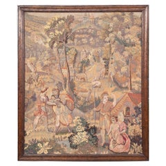 1920 Antique French Tapestry Wool & Silk Village Scene Framed 3x4 102cm x 122cm