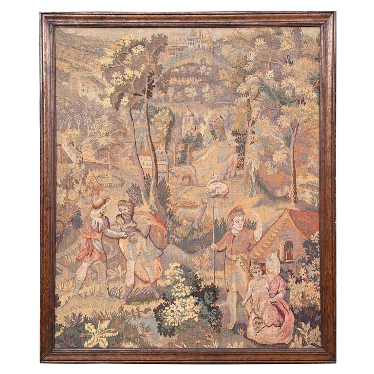 Tableau vintage représentant une image de broderie de tapisserie de couture  victorienne avec cadre en acajou