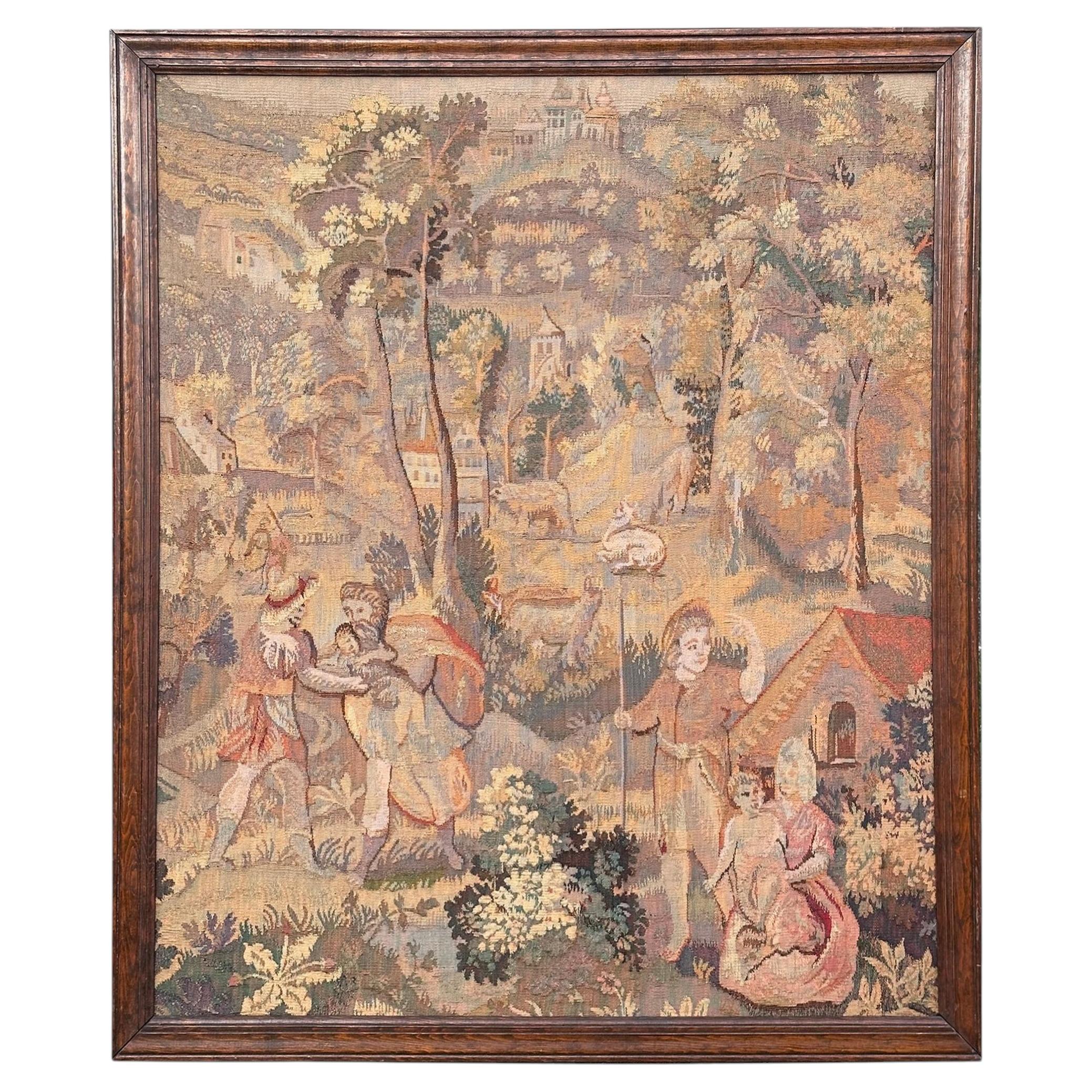 1920 Antique French Tapestry Wool & Silk Village Scene Framed 3x4 102cm x 122cm