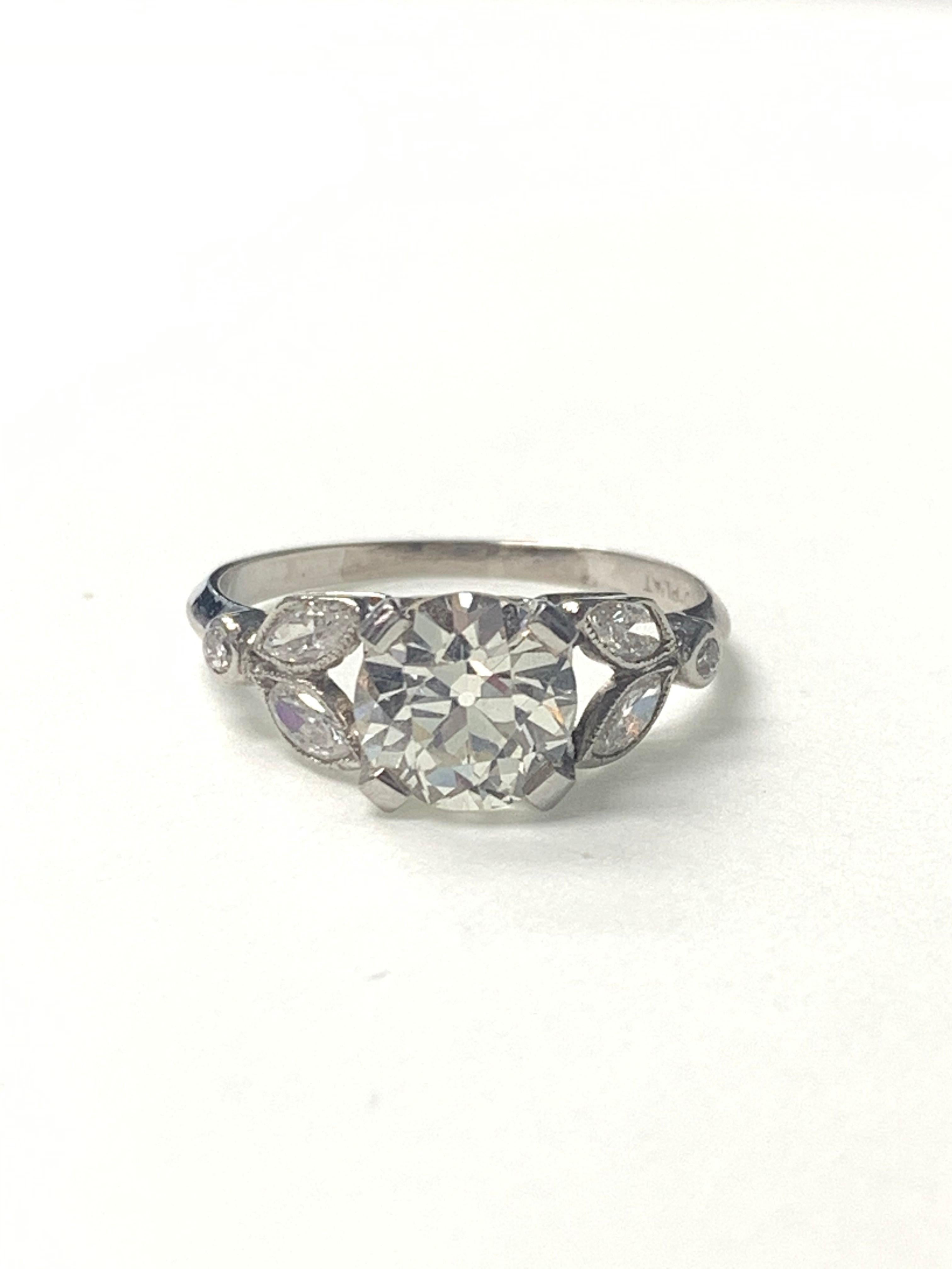 1920 Antique old european cut diamond ring in platinum. 
The details are as follows : 
Diamond weight : 1.60 carat ( H color and VS2 clarity ) 
Diamond weight : 0.50 carat ( small diamonds ) ( GH color and VS clarity) 
Metal : Platinum 
Ring : 6 
