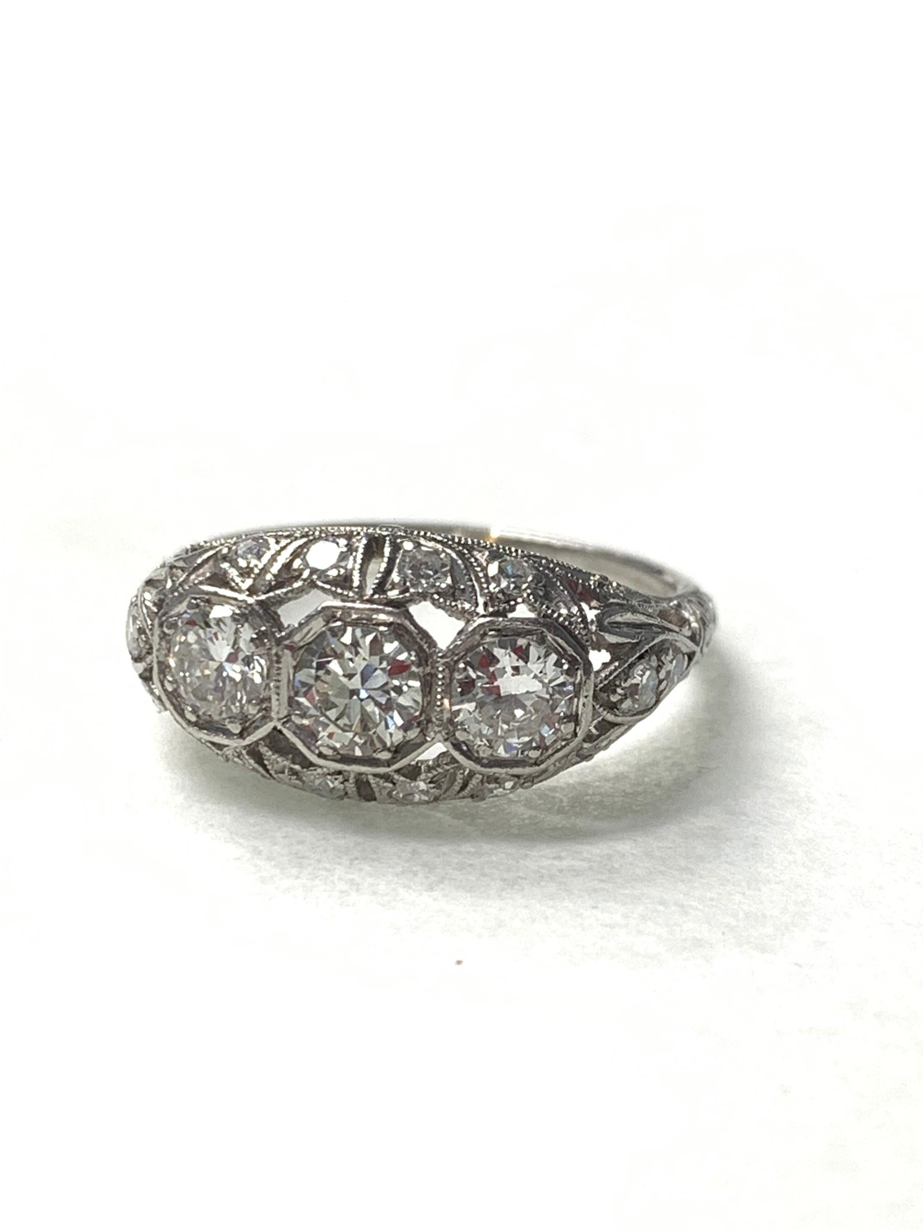 Women's 1920 Antique Three-Stone Old European Cut Diamond Ring in Platinum For Sale