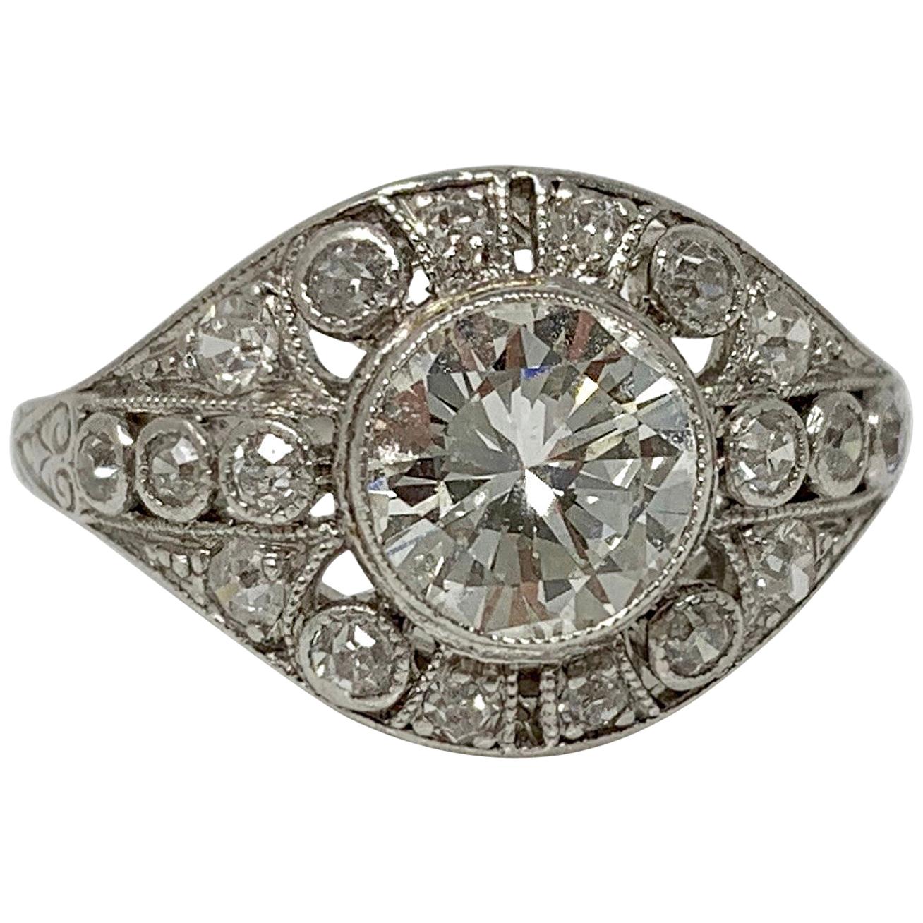 Bague de fiançailles en platine avec diamants blancs anciens de taille européenne ancienne de 1920