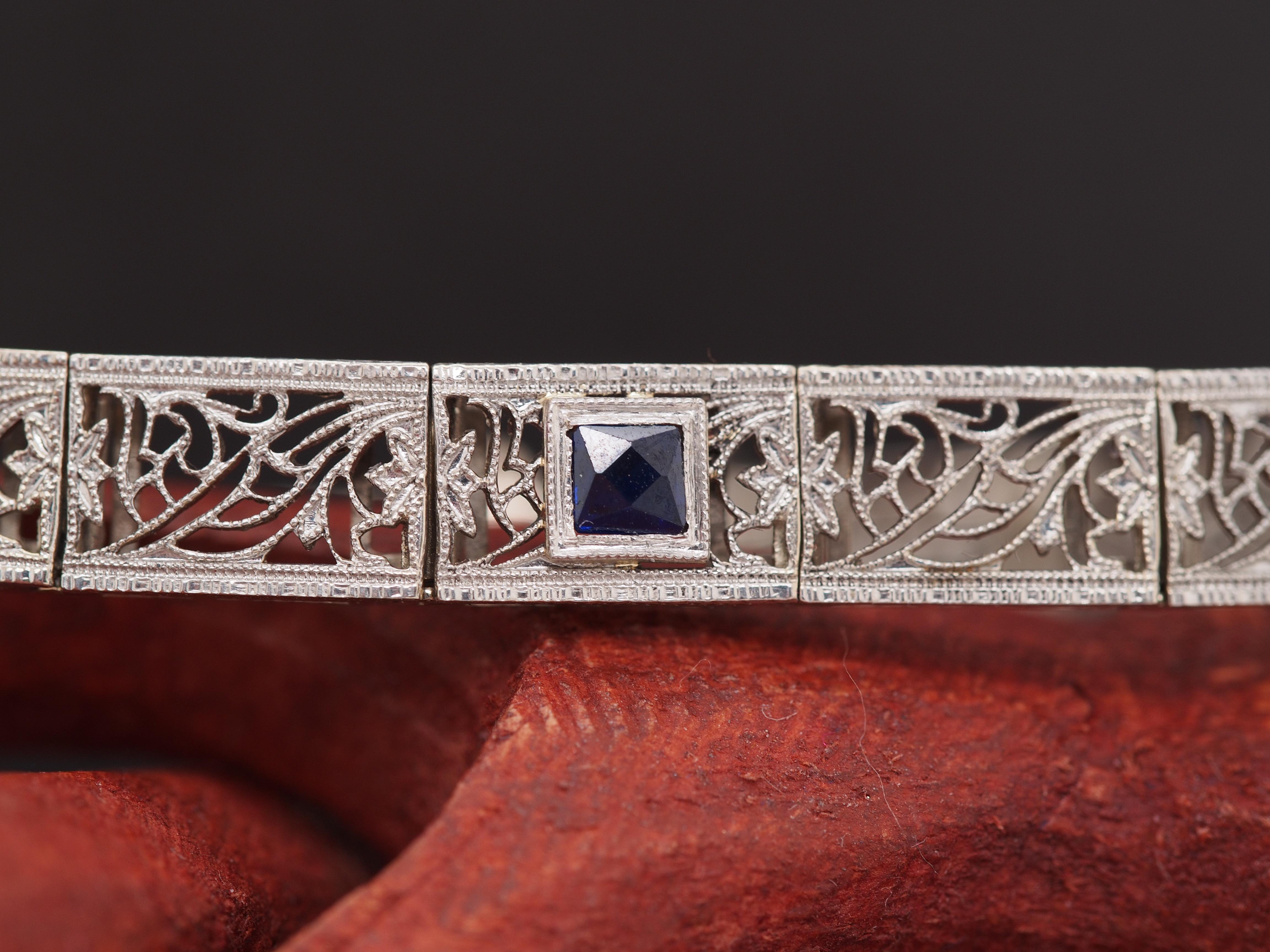 Taille française 1920 Art Deco 14K White Gold .50cttw Sapphire Bracelet en vente