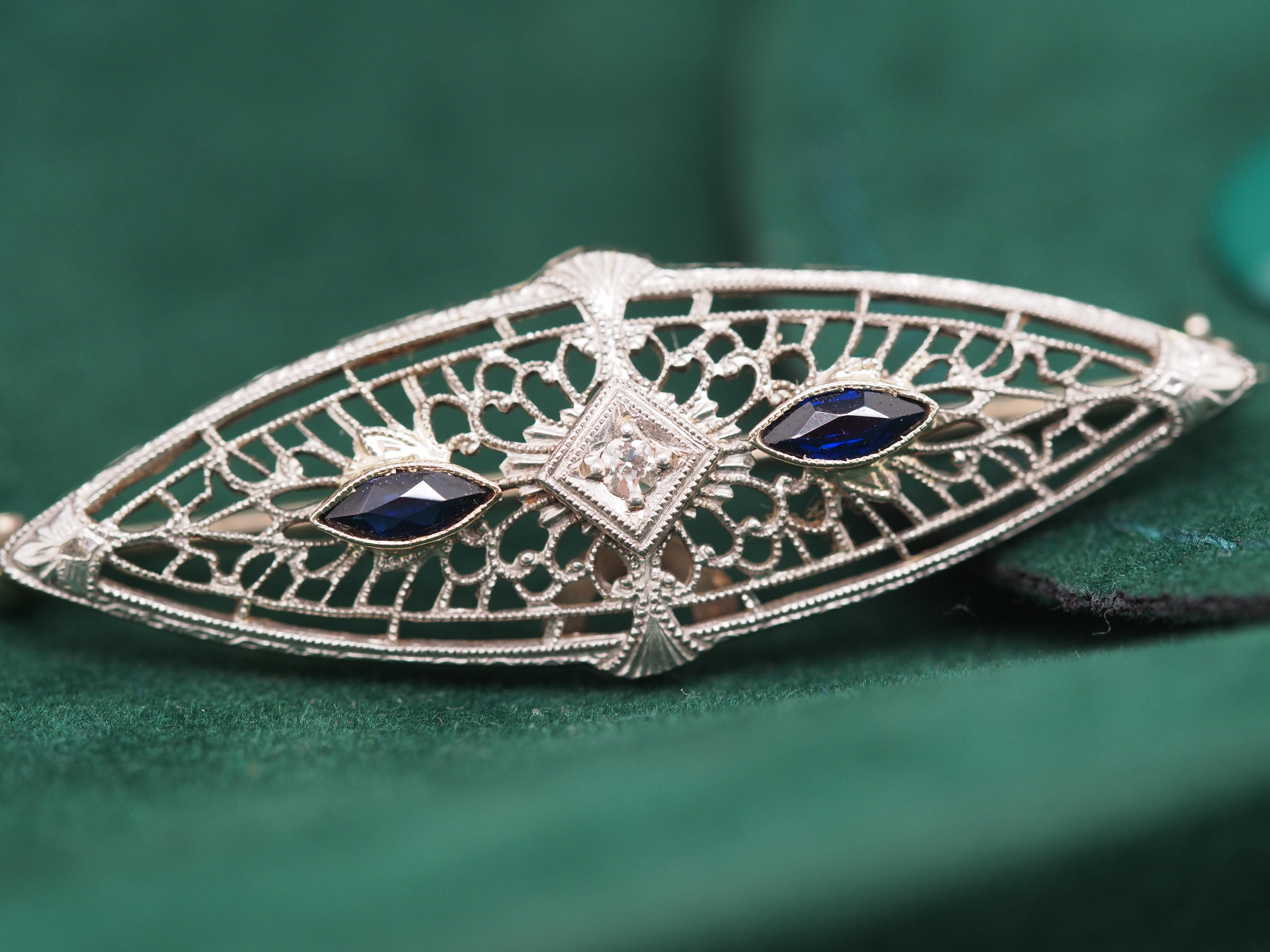 Old European Cut 1920 Art Deco 14K White Gold Diamond Sapphire Oval Pin For Sale